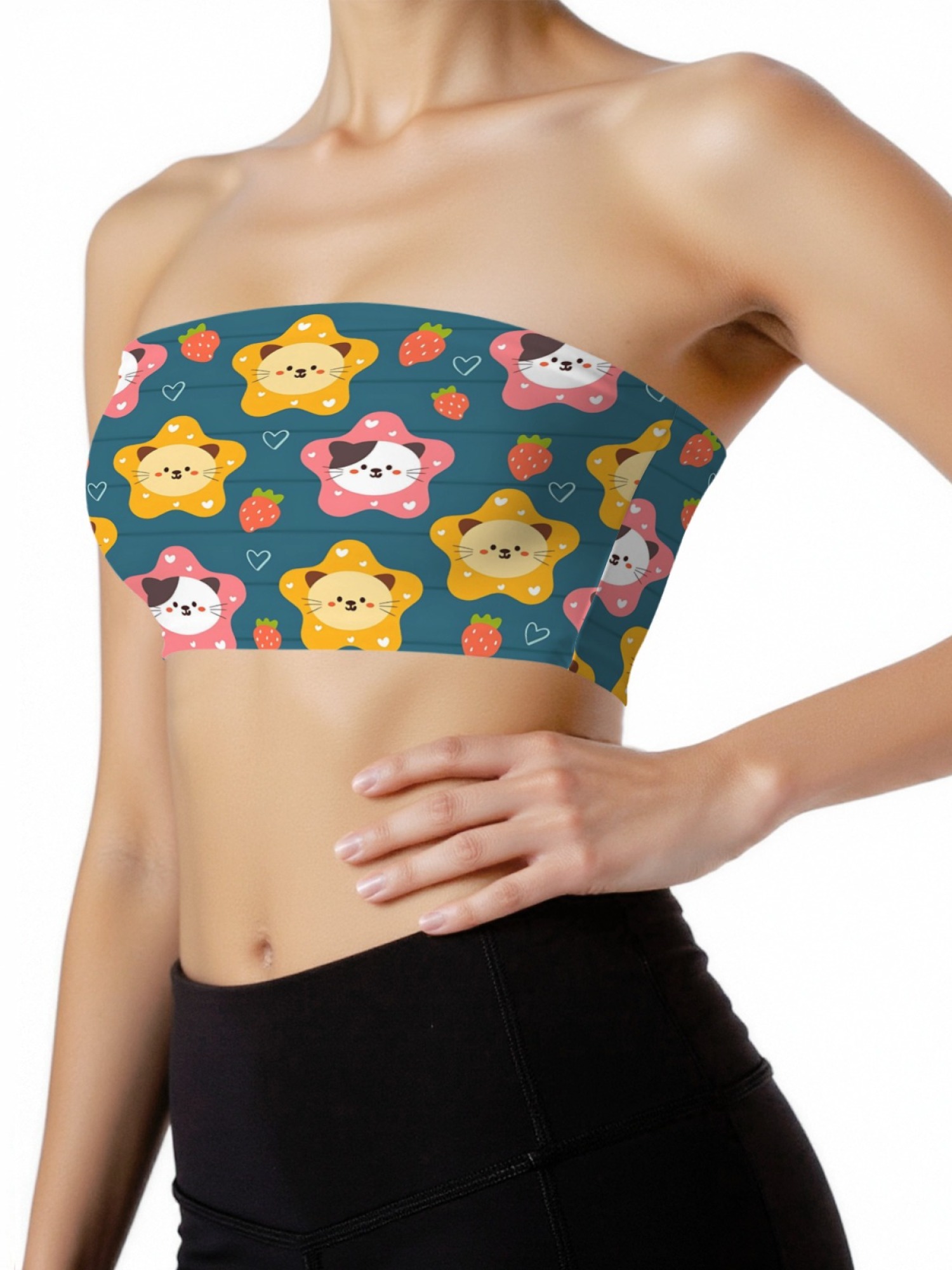 "Kawaii Kitty" Star & Strawberry Tube Top | Cute Cat Print Strapless Crop Top
