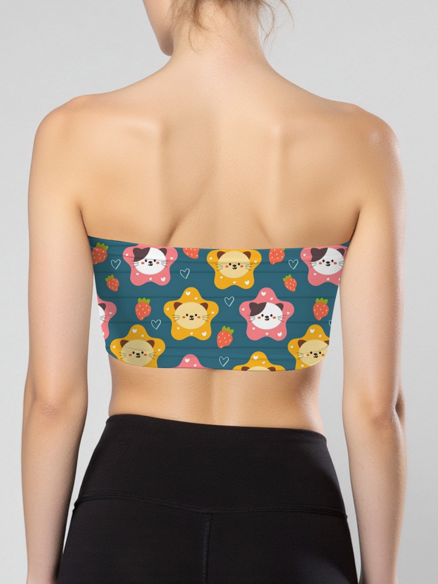 "Kawaii Kitty" Star & Strawberry Tube Top | Cute Cat Print Strapless Crop Top