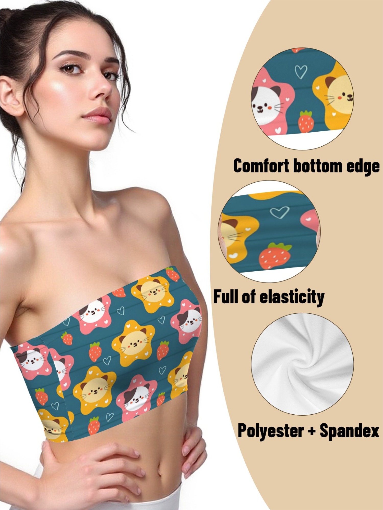 "Kawaii Kitty" Star & Strawberry Tube Top | Cute Cat Print Strapless Crop Top