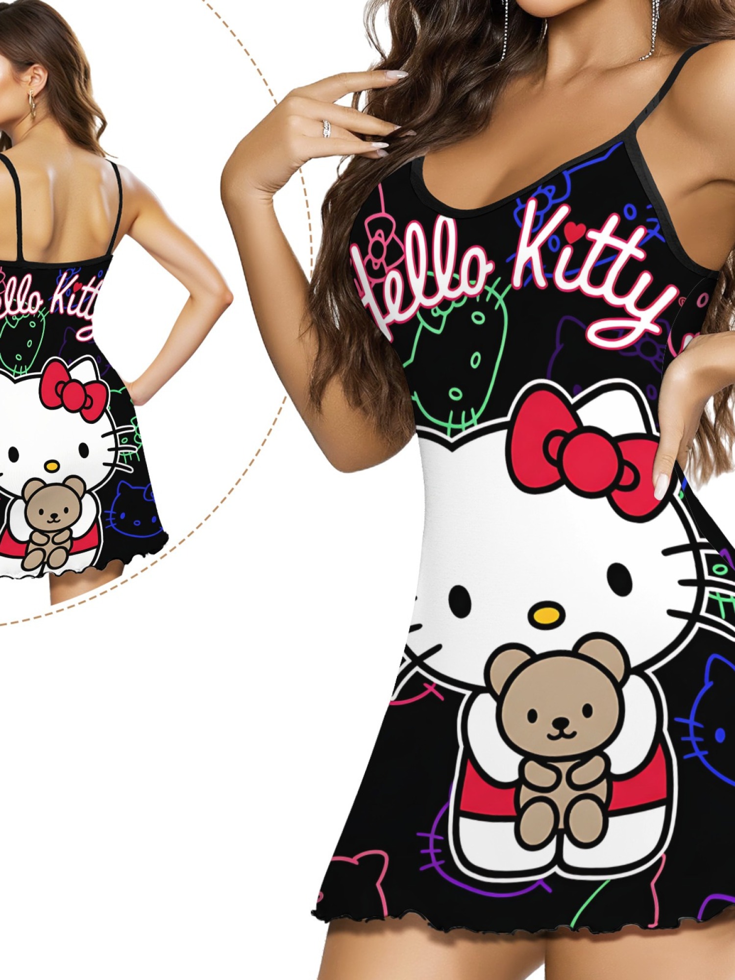 "Neon Kitty" Hello Kitty Slip Nightdress | Cute Bear & Neon Graphic Sleepwear