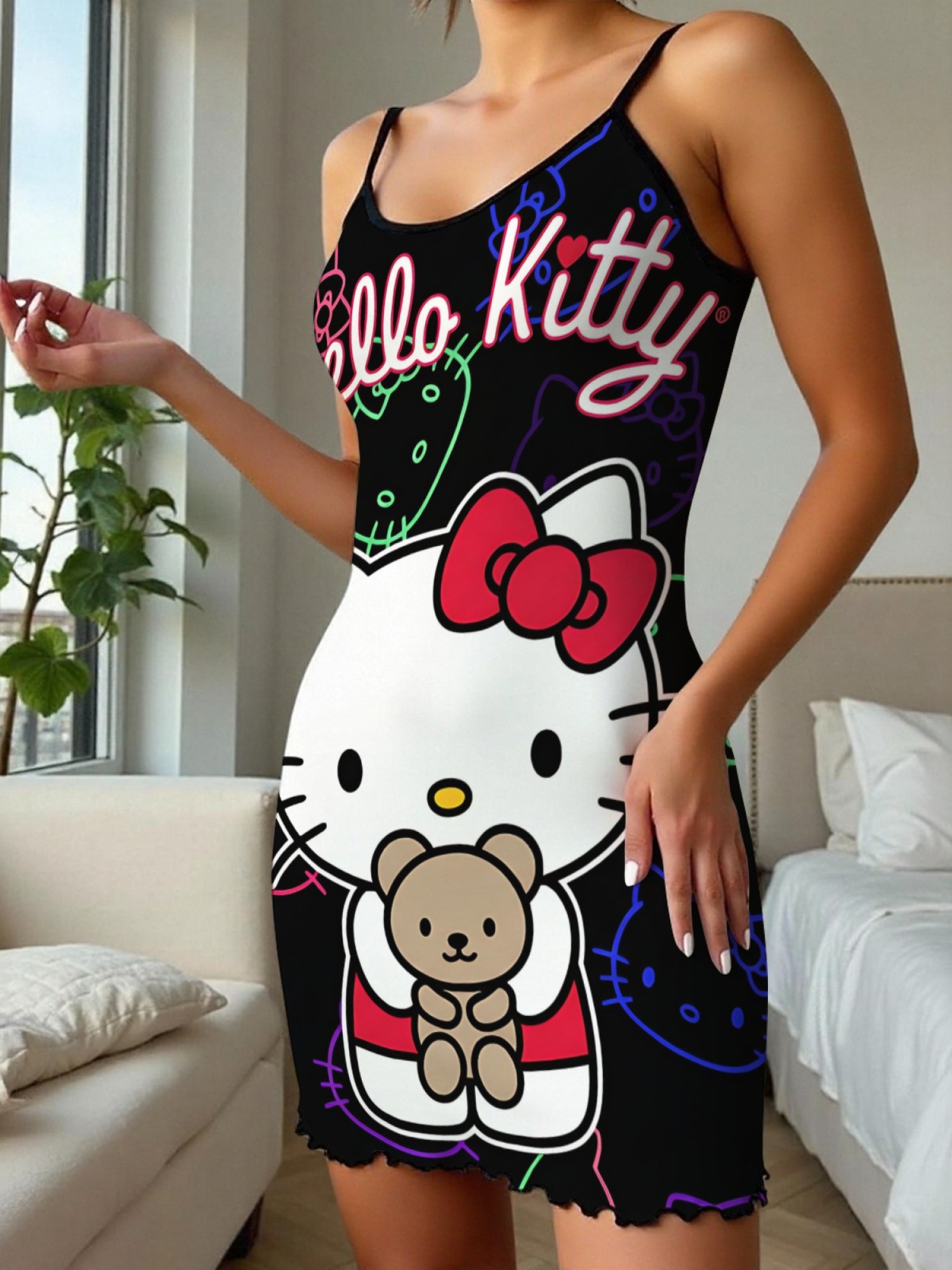 "Neon Kitty" Hello Kitty Slip Nightdress | Cute Bear & Neon Graphic Sleepwear