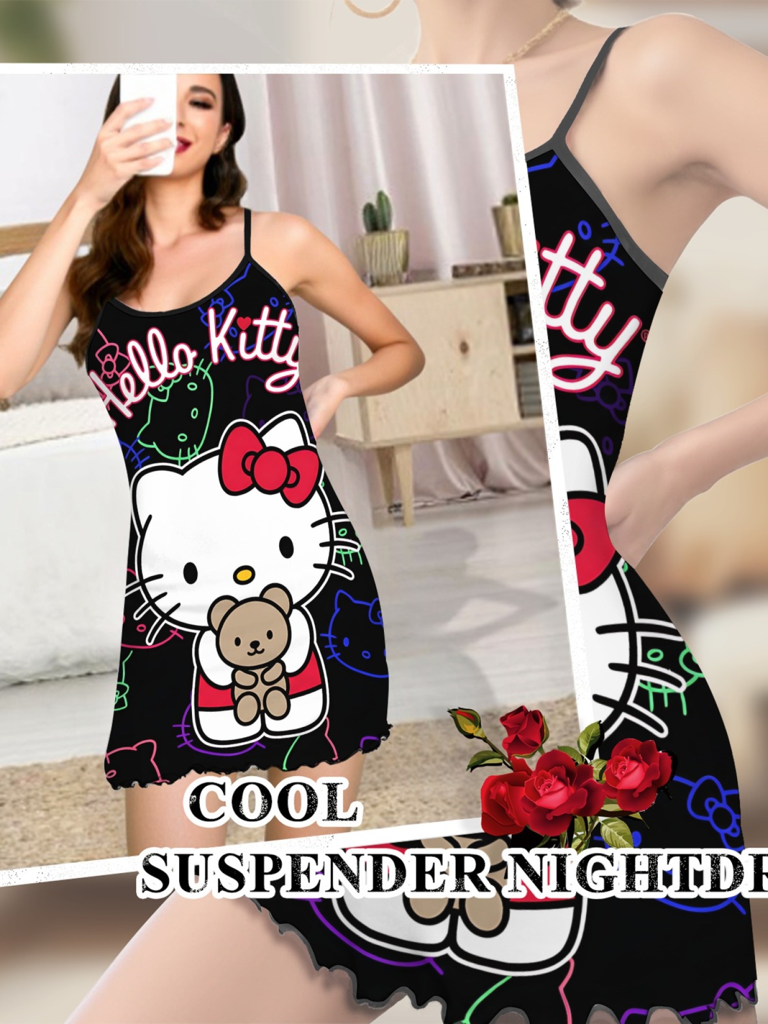 "Neon Kitty" Hello Kitty Slip Nightdress | Cute Bear & Neon Graphic Sleepwear