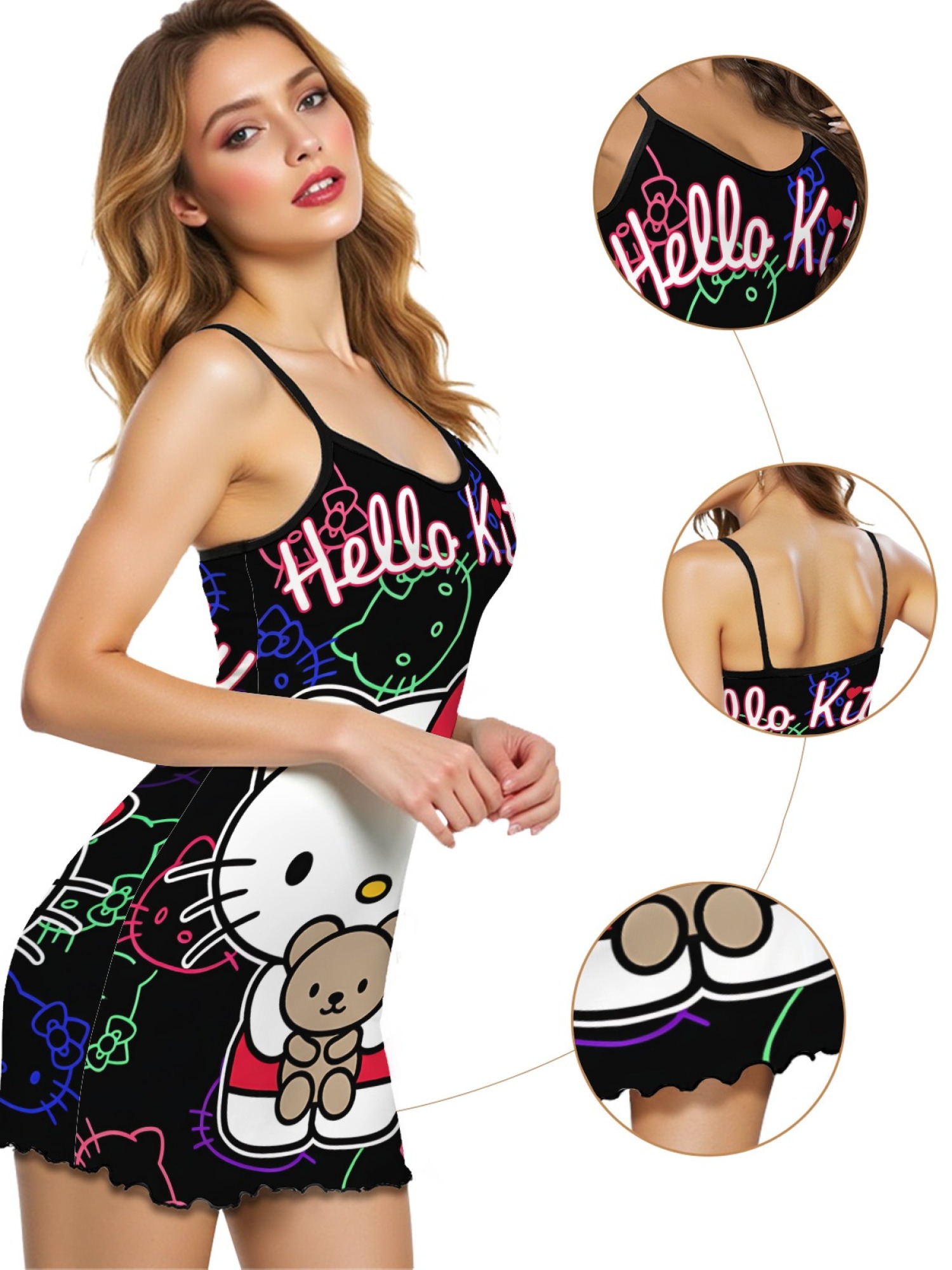 "Neon Kitty" Hello Kitty Slip Nightdress | Cute Bear & Neon Graphic Sleepwear