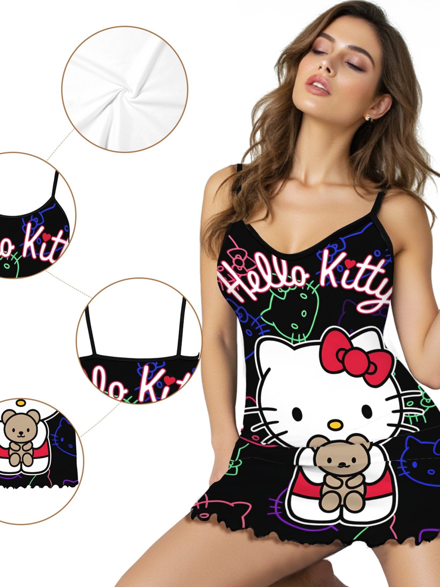 "Neon Kitty" Hello Kitty Slip Nightdress | Cute Bear & Neon Graphic Sleepwear