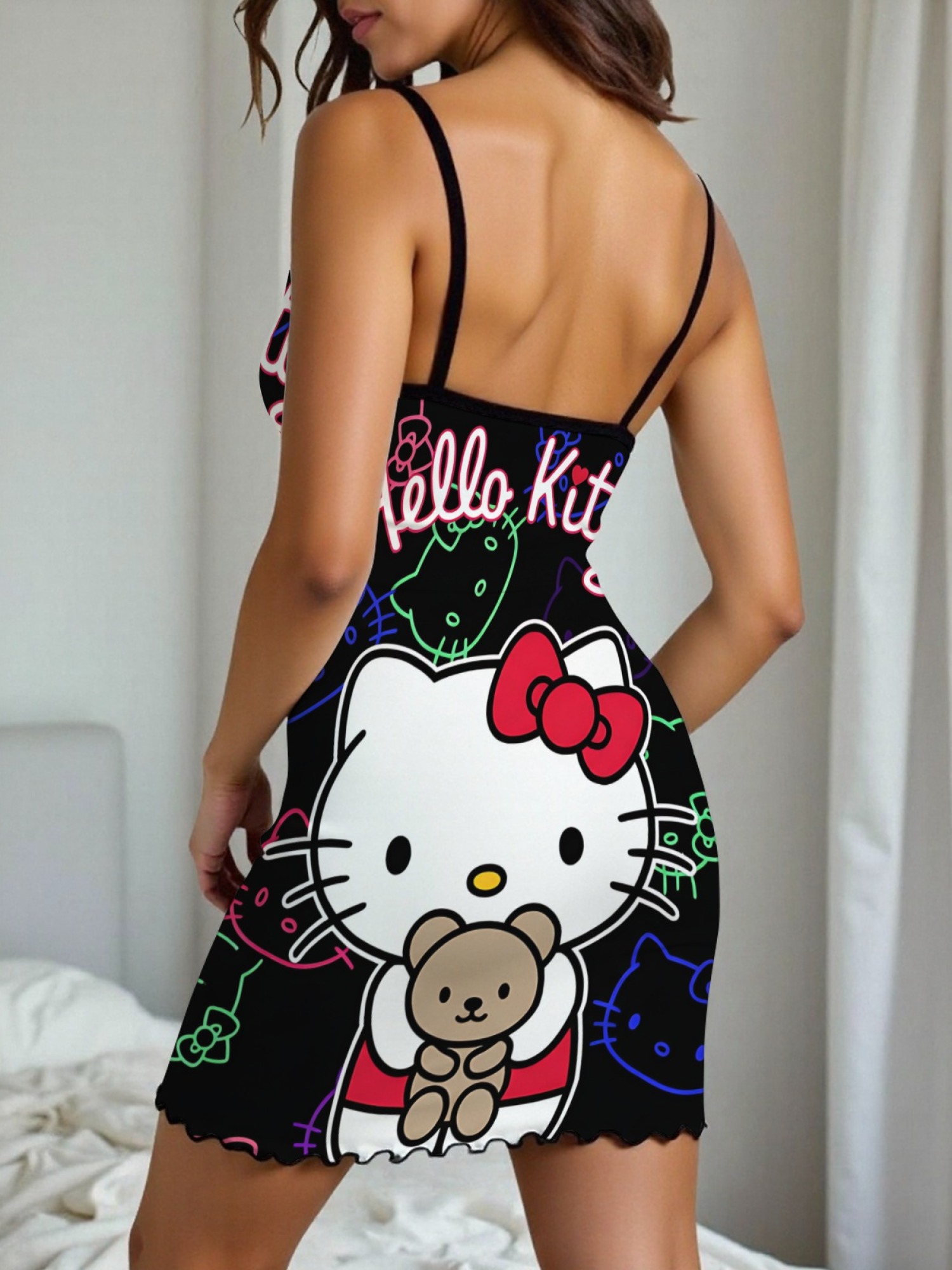 "Neon Kitty" Hello Kitty Slip Nightdress | Cute Bear & Neon Graphic Sleepwear