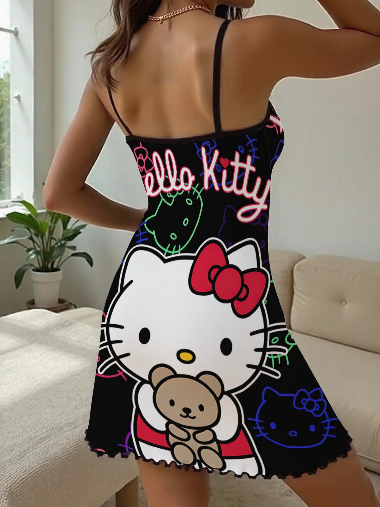 "Neon Kitty" Hello Kitty Slip Nightdress | Cute Bear & Neon Graphic Sleepwear