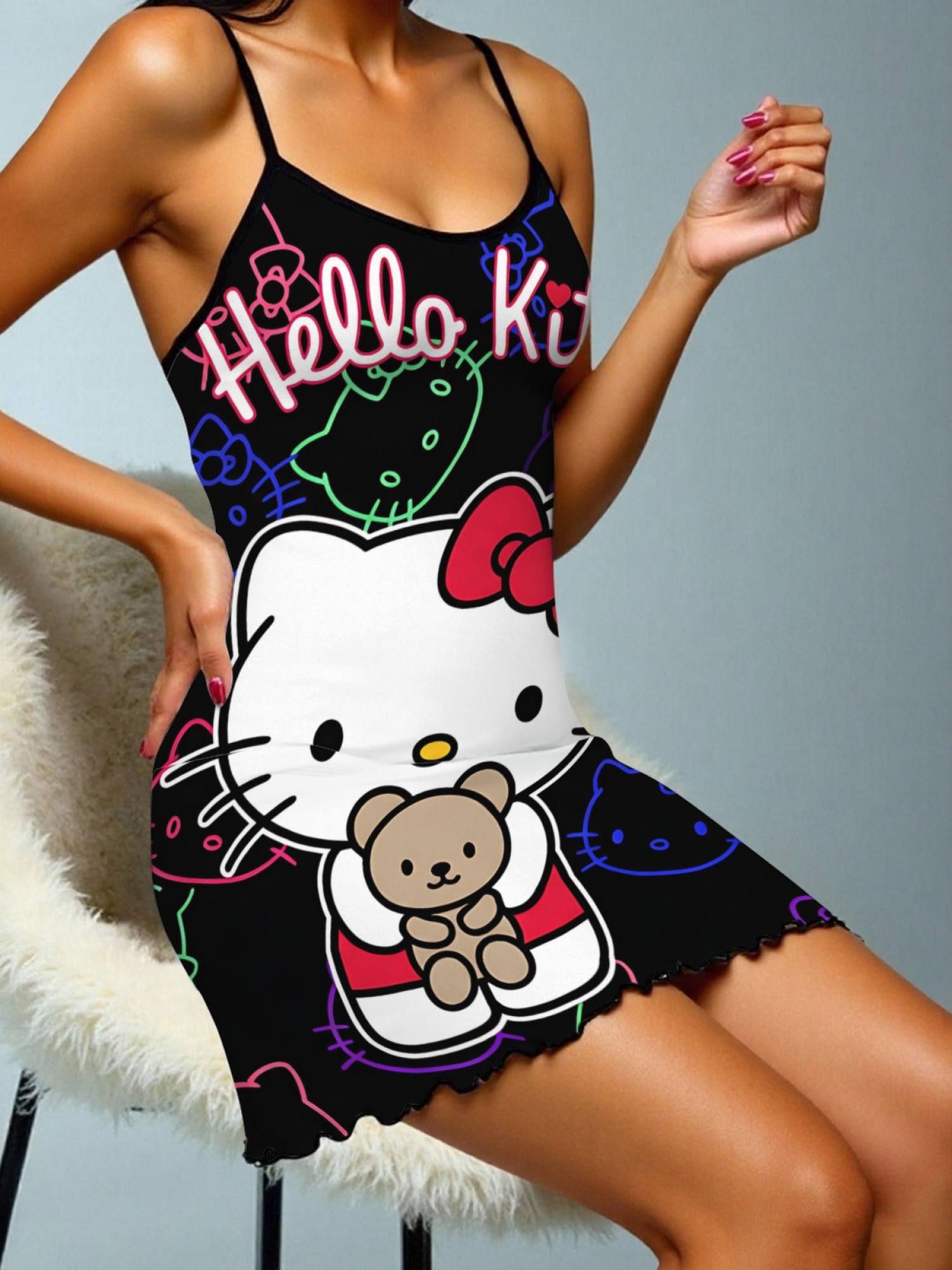 "Neon Kitty" Hello Kitty Slip Nightdress | Cute Bear & Neon Graphic Sleepwear