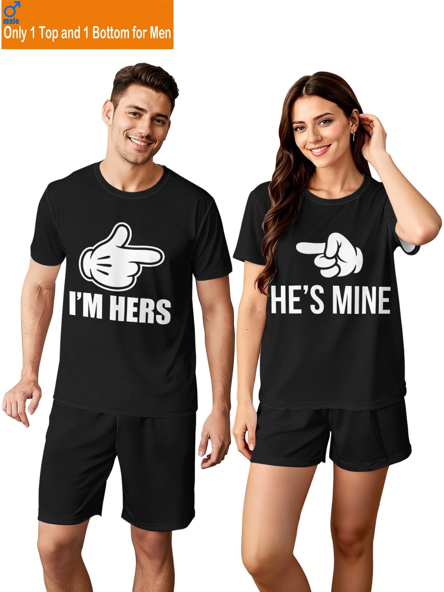 "I'm Hers & He's Mine" Matching Couples Set | Funny Pointing Hand T-Shirt & Shorts Outfit