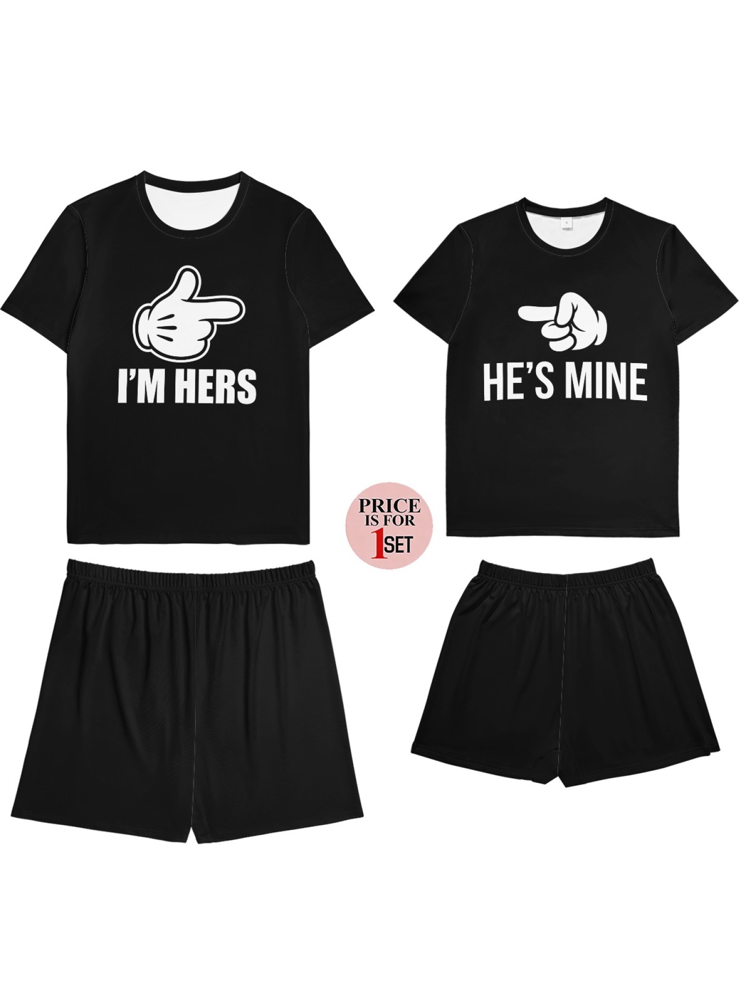 "I'm Hers & He's Mine" Matching Couples Set | Funny Pointing Hand T-Shirt & Shorts Outfit