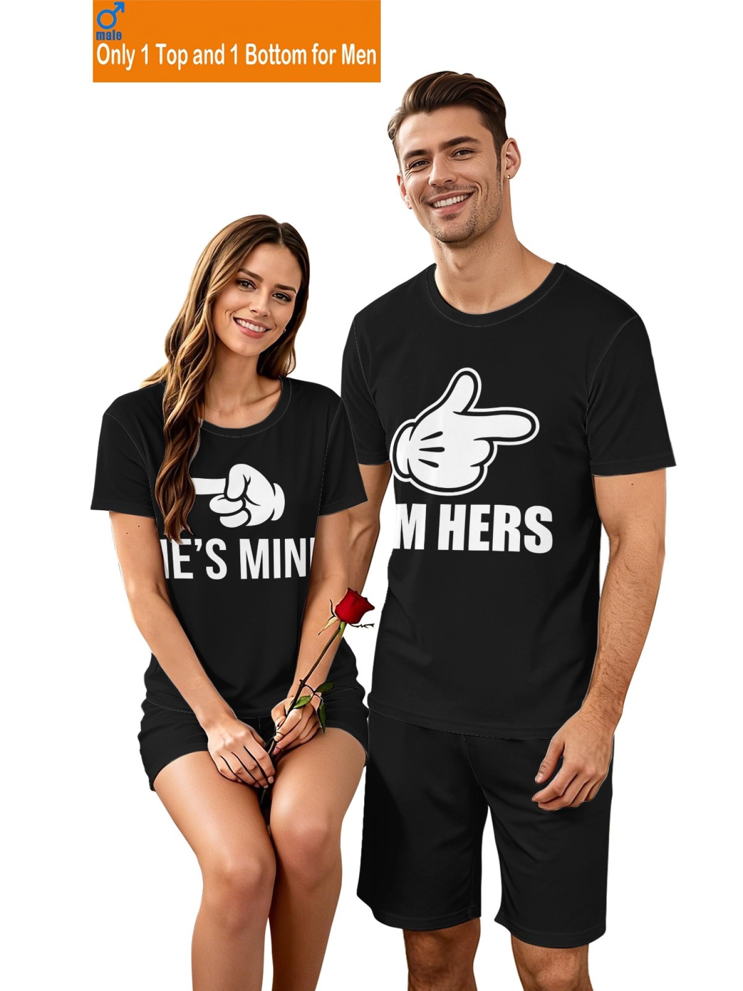 "I'm Hers & He's Mine" Matching Couples Set | Funny Pointing Hand T-Shirt & Shorts Outfit