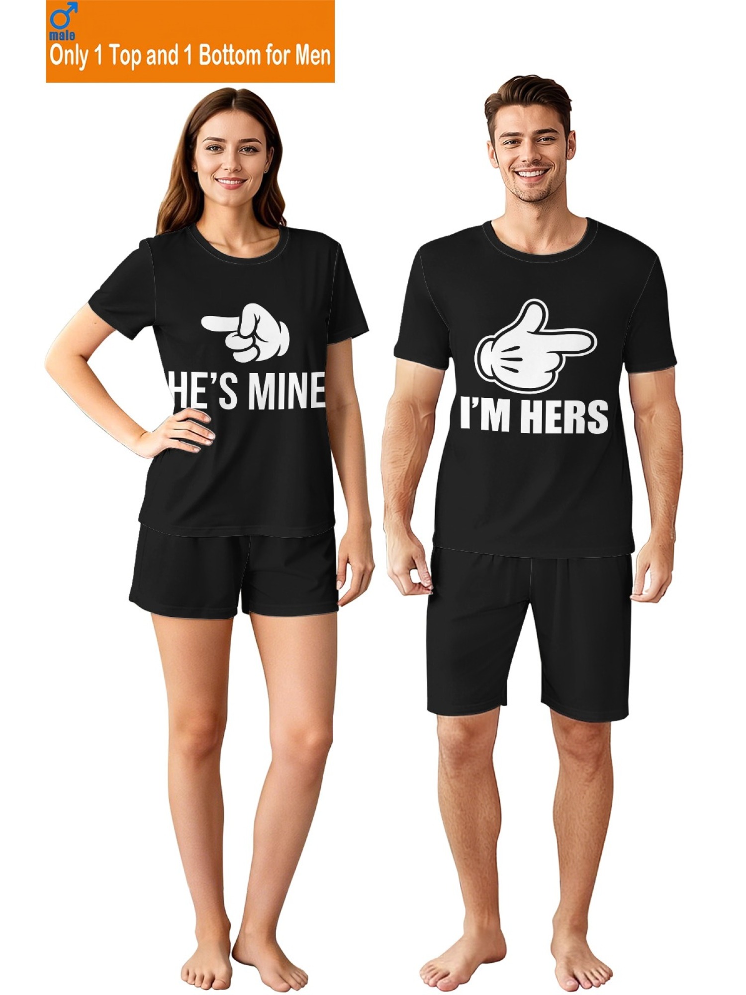 "I'm Hers & He's Mine" Matching Couples Set | Funny Pointing Hand T-Shirt & Shorts Outfit