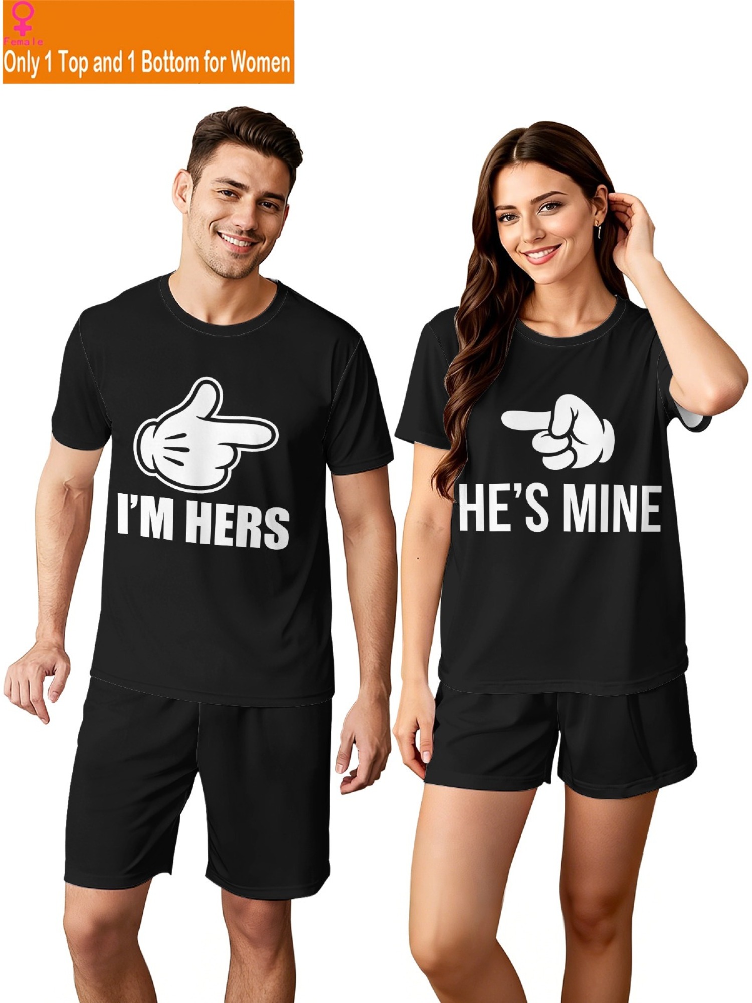 "I'm Hers & He's Mine" Matching Couples Set | Funny Pointing Hand T-Shirt & Shorts Outfit