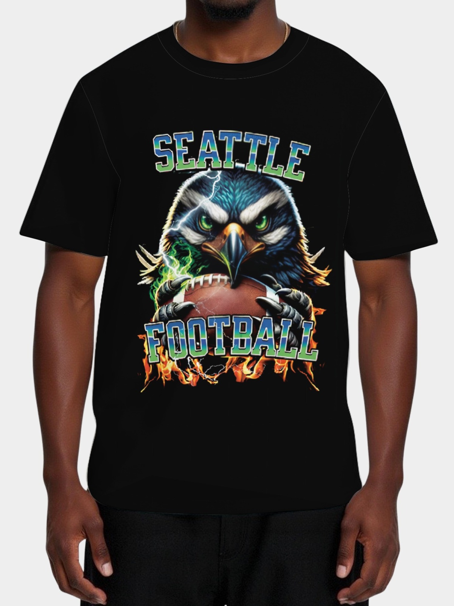 Seattle Football Graphic T-Shirt - Fierce Osprey Hawk & Football Design - Men's