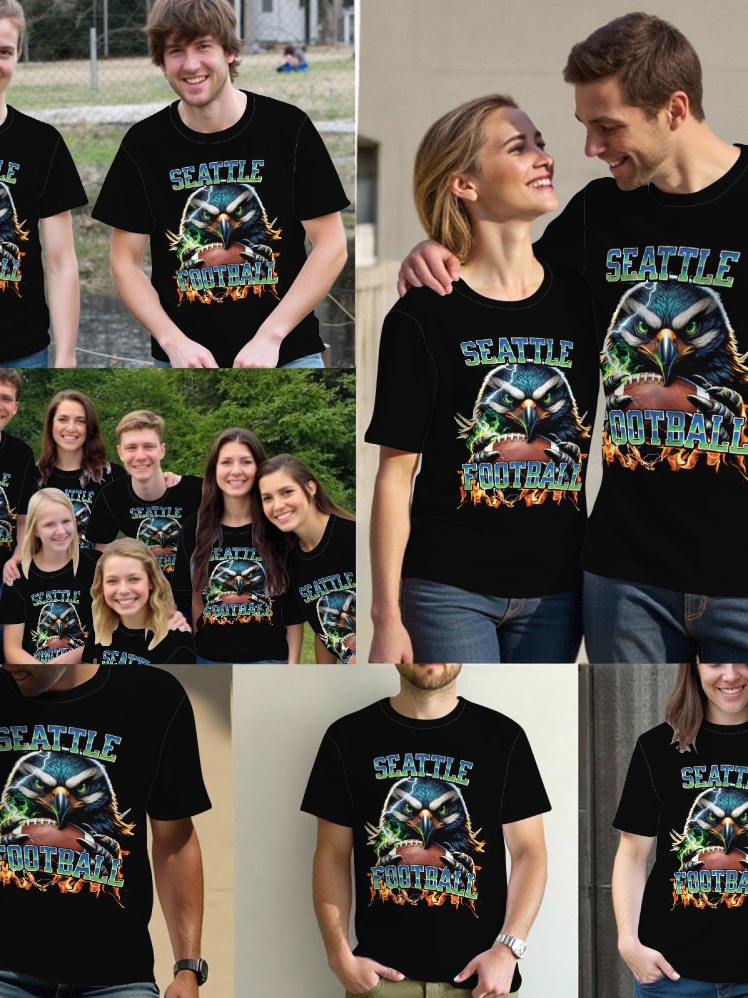 Seattle Football Graphic T-Shirt - Fierce Osprey Hawk & Football Design - Men's