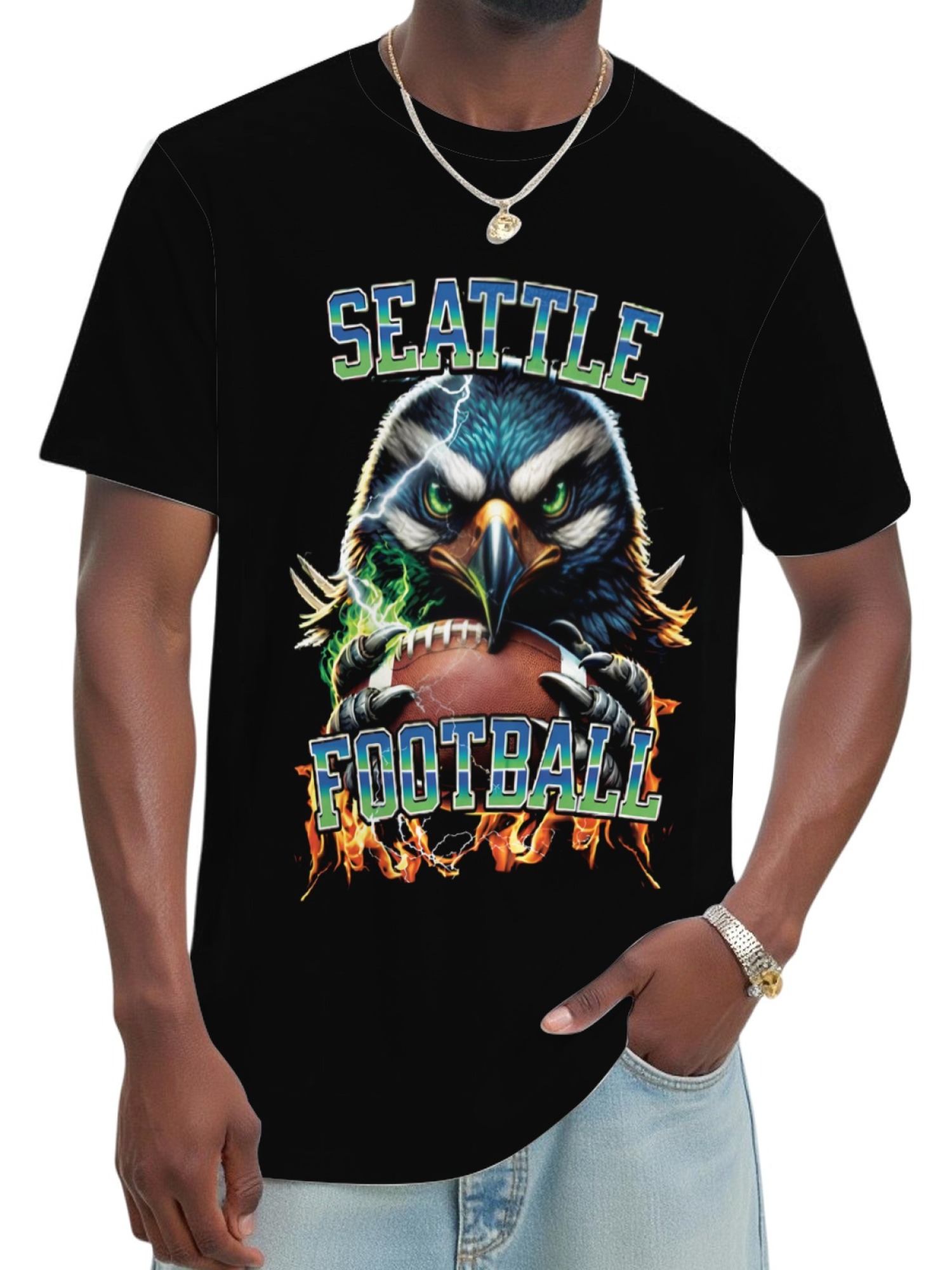 Seattle Football Graphic T-Shirt - Fierce Osprey Hawk & Football Design - Men's