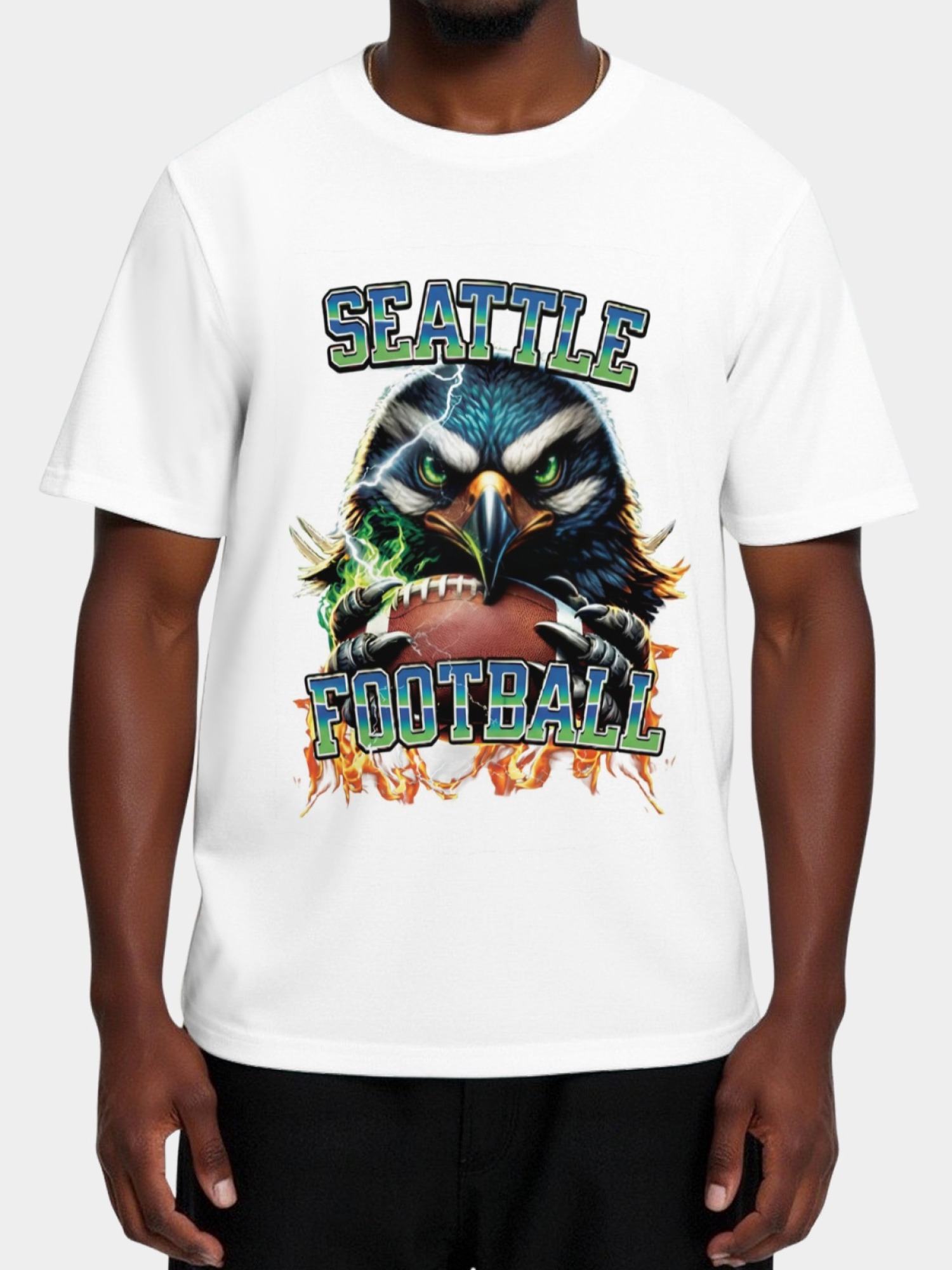 Seattle Football Graphic T-Shirt - Fierce Osprey Hawk & Football Design - Men's