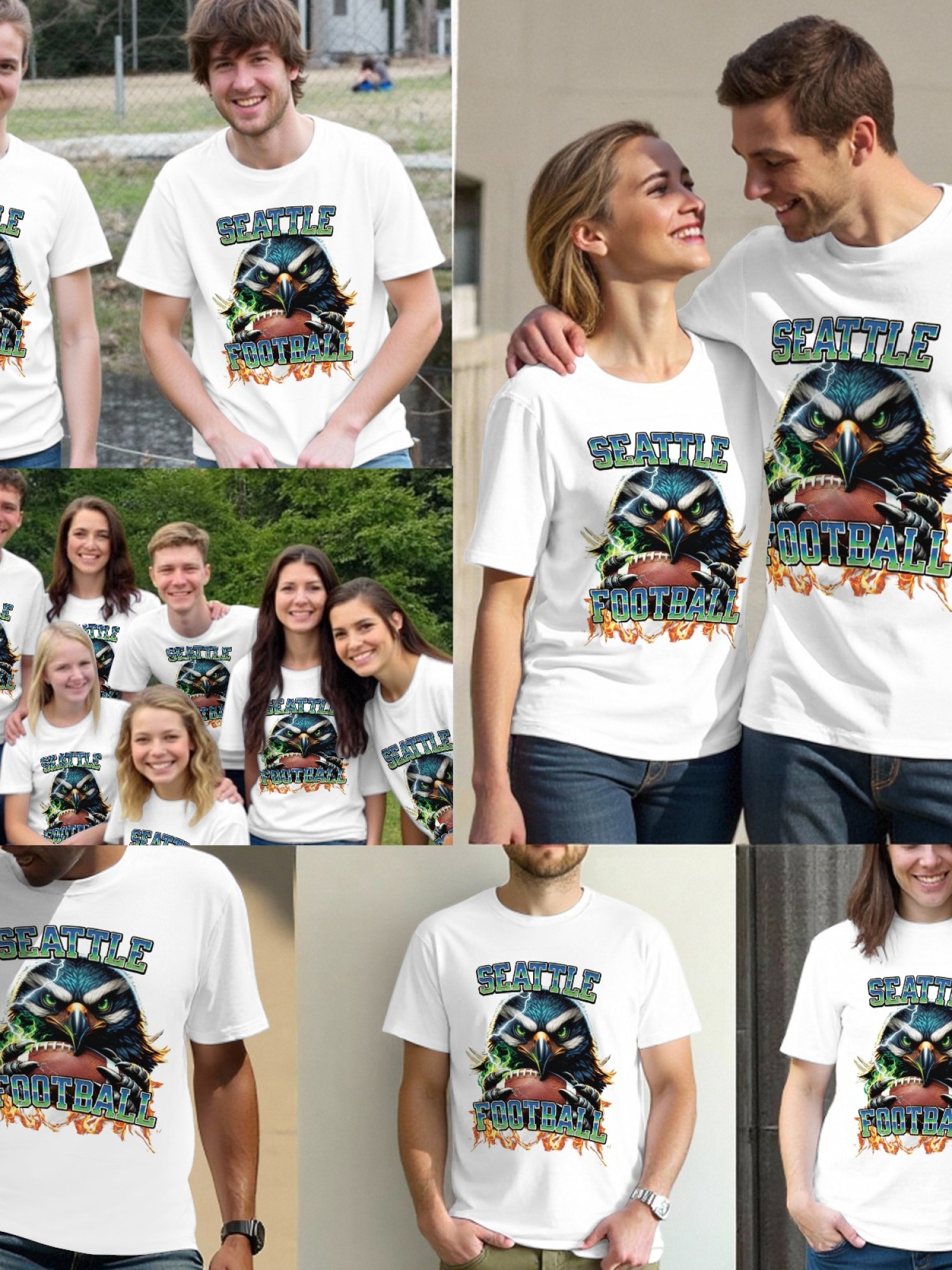 Seattle Football Graphic T-Shirt - Fierce Osprey Hawk & Football Design - Men's