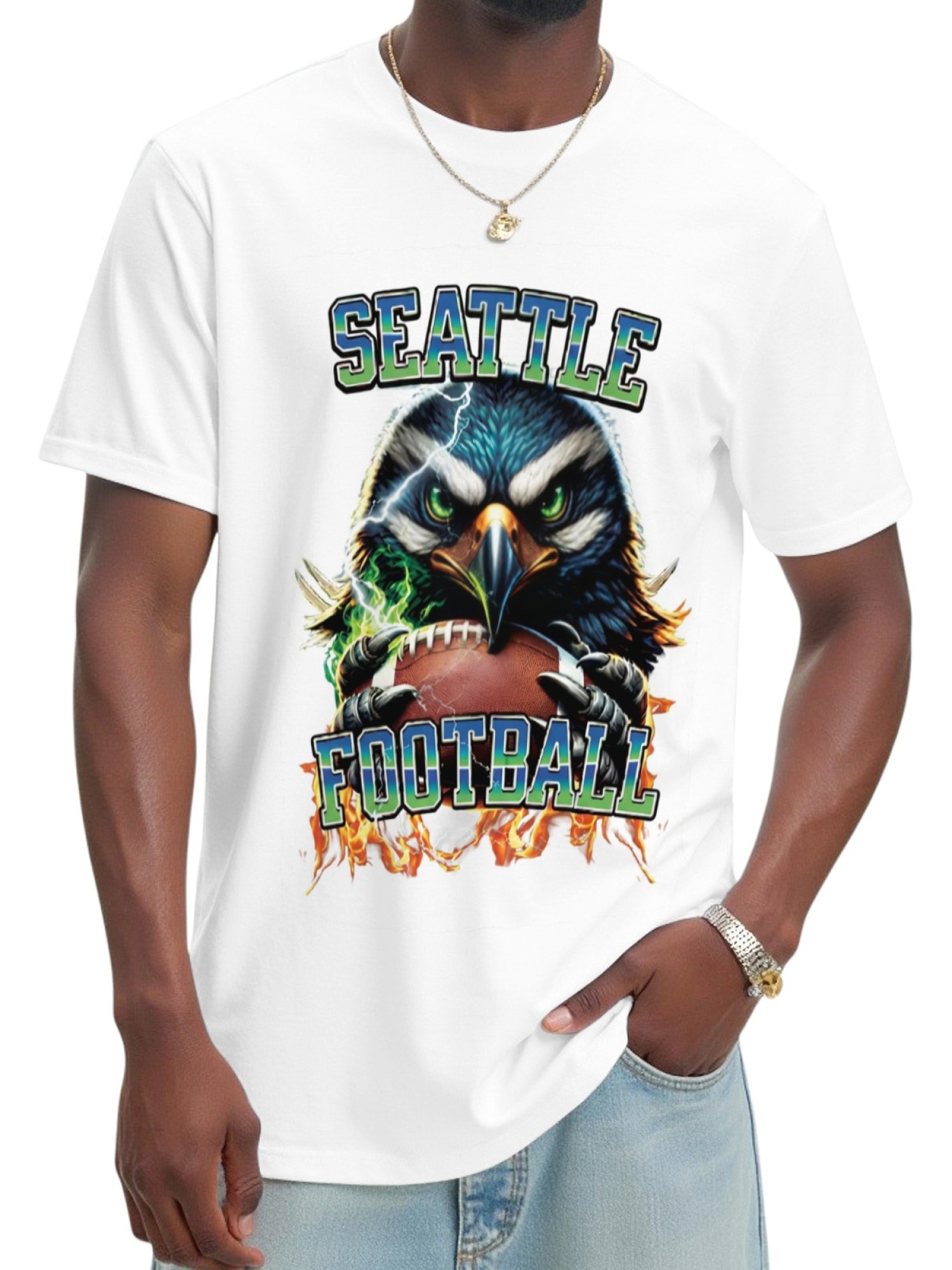 Seattle Football Graphic T-Shirt - Fierce Osprey Hawk & Football Design - Men's