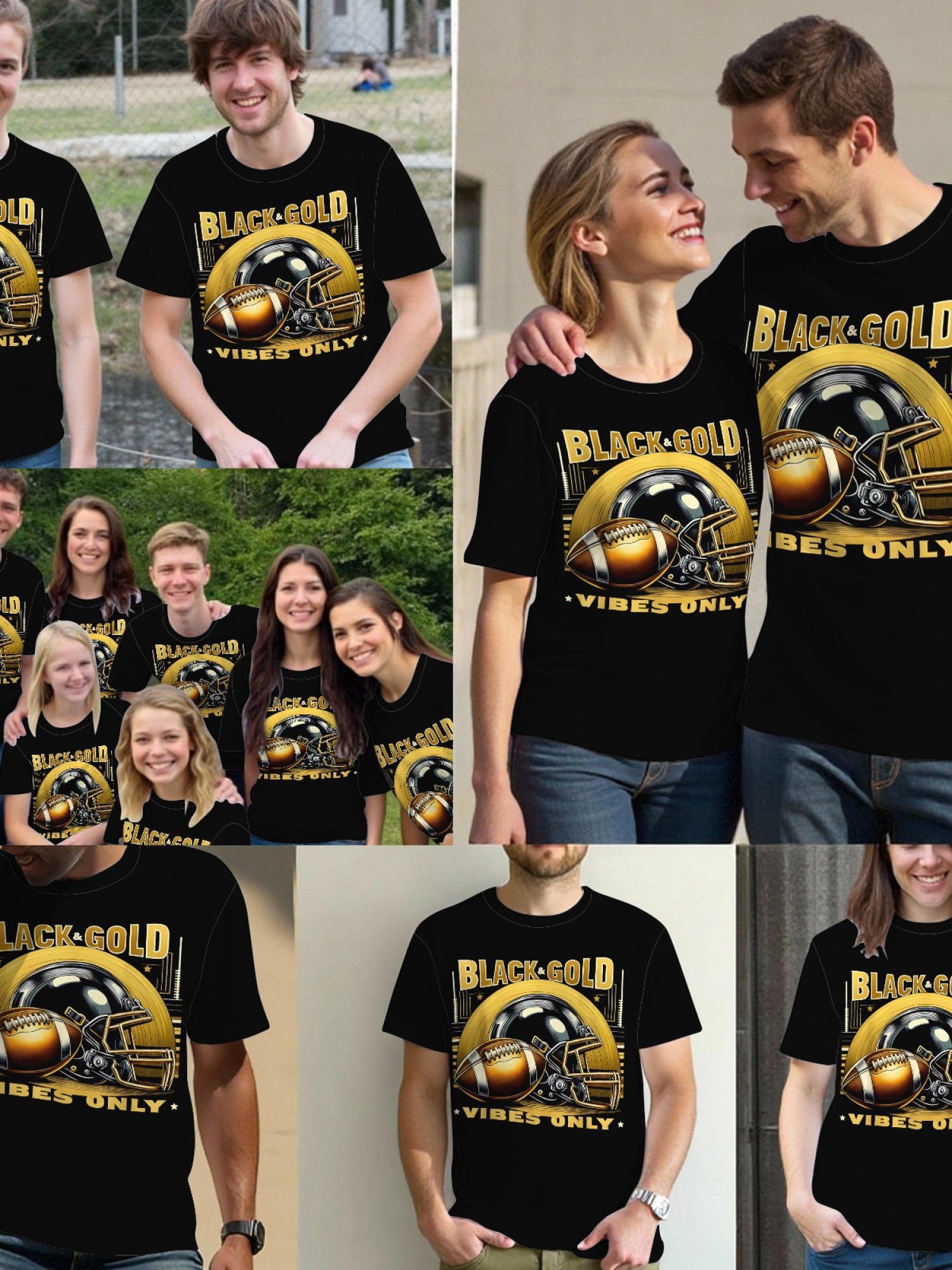 Black and Gold Vibes Only Football Graphic T-Shirt - Premium Men's Game Day Tee