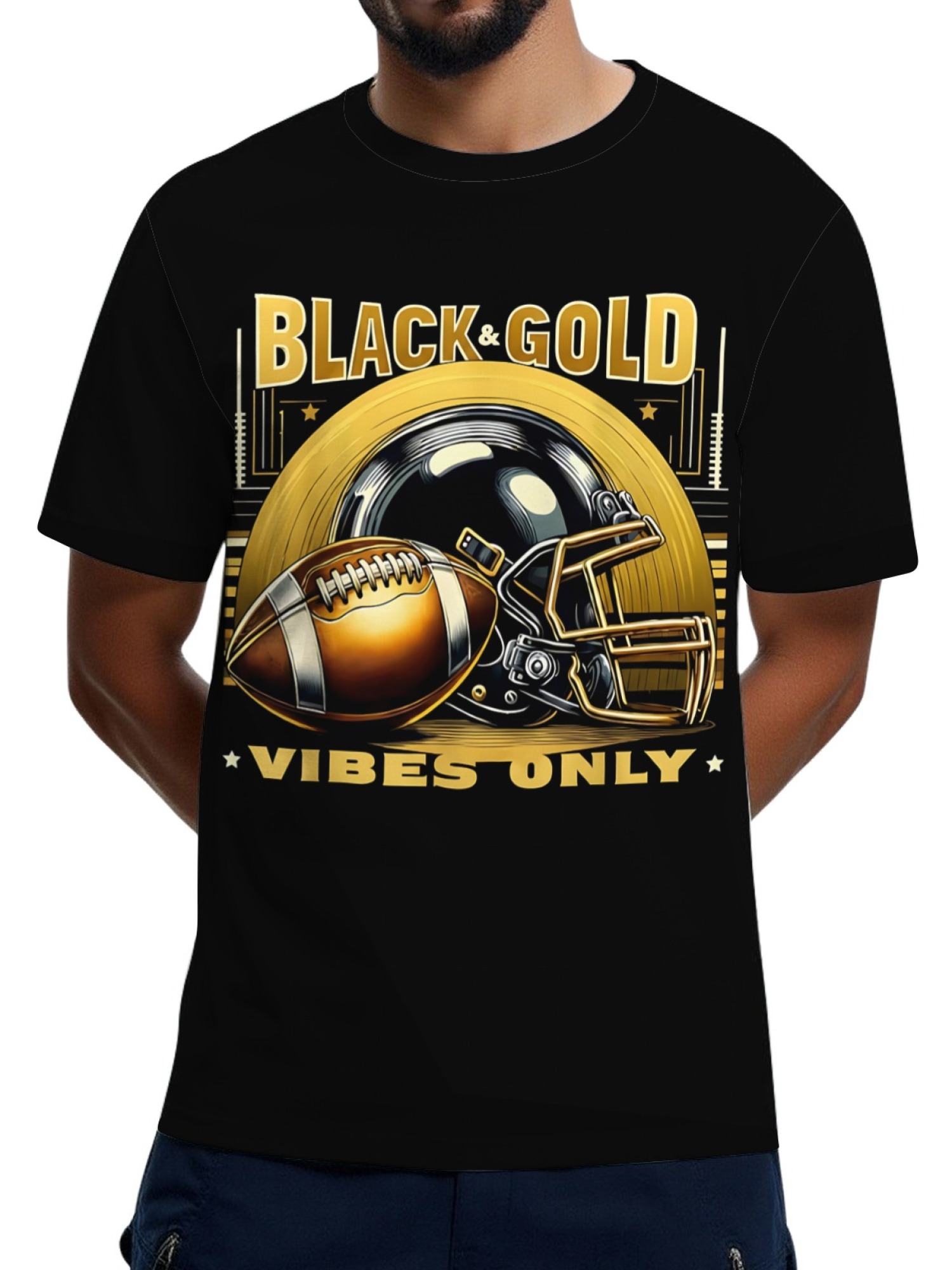 Black and Gold Vibes Only Football Graphic T-Shirt - Premium Men's Game Day Tee