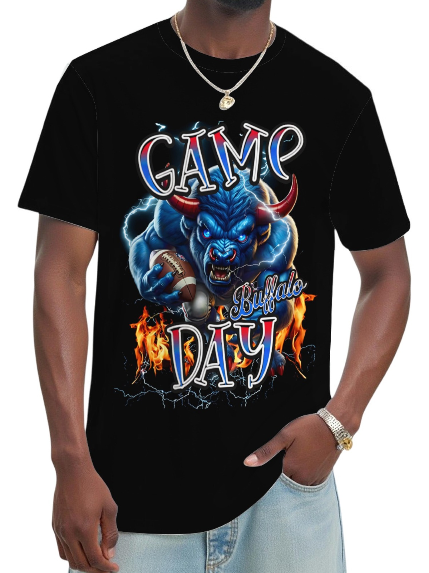 Buffalo Football Game Day T-Shirt - Blue Bull Graphic Print Tee