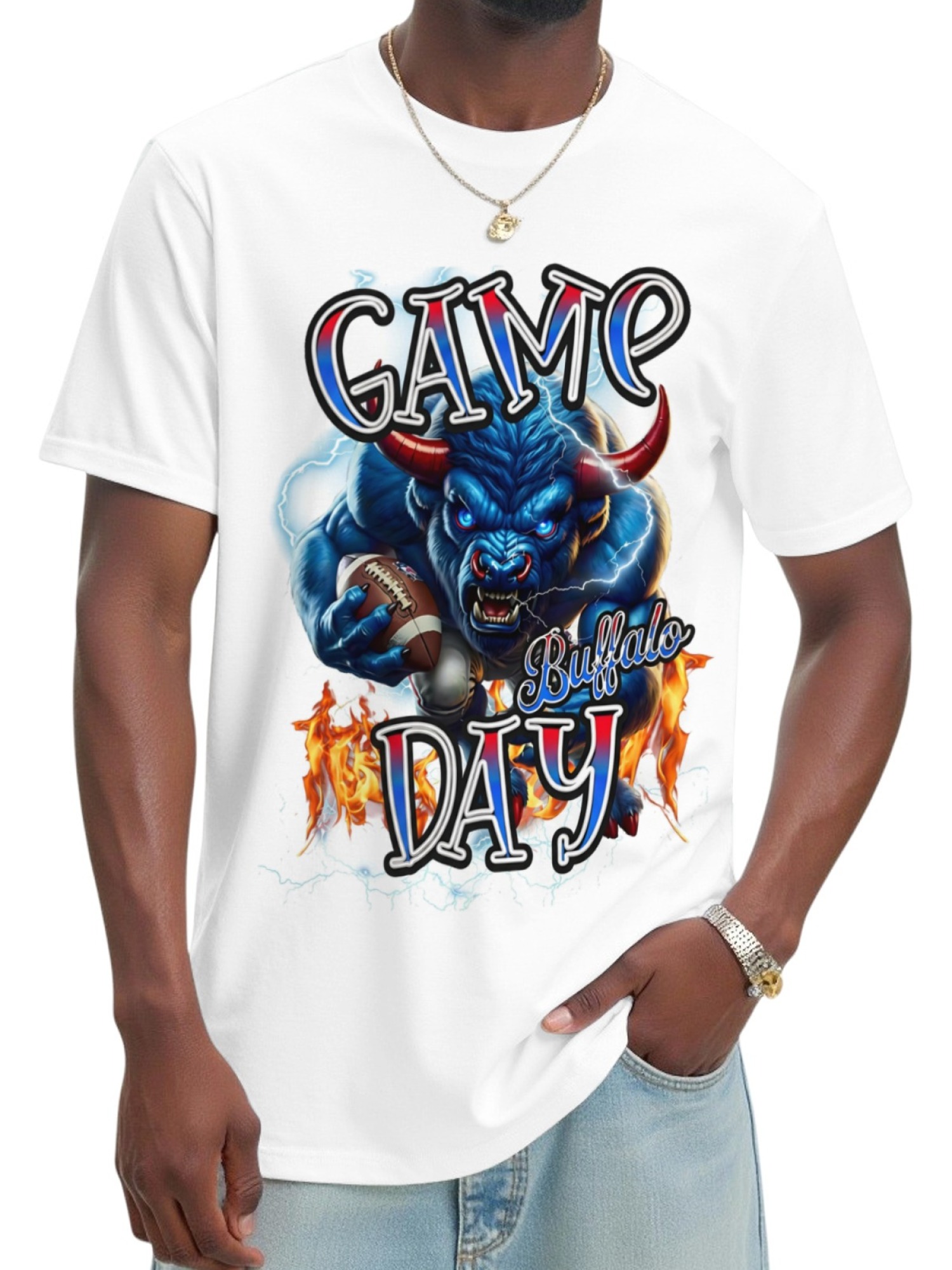 Buffalo Football Game Day T-Shirt - Blue Bull Graphic Print Tee