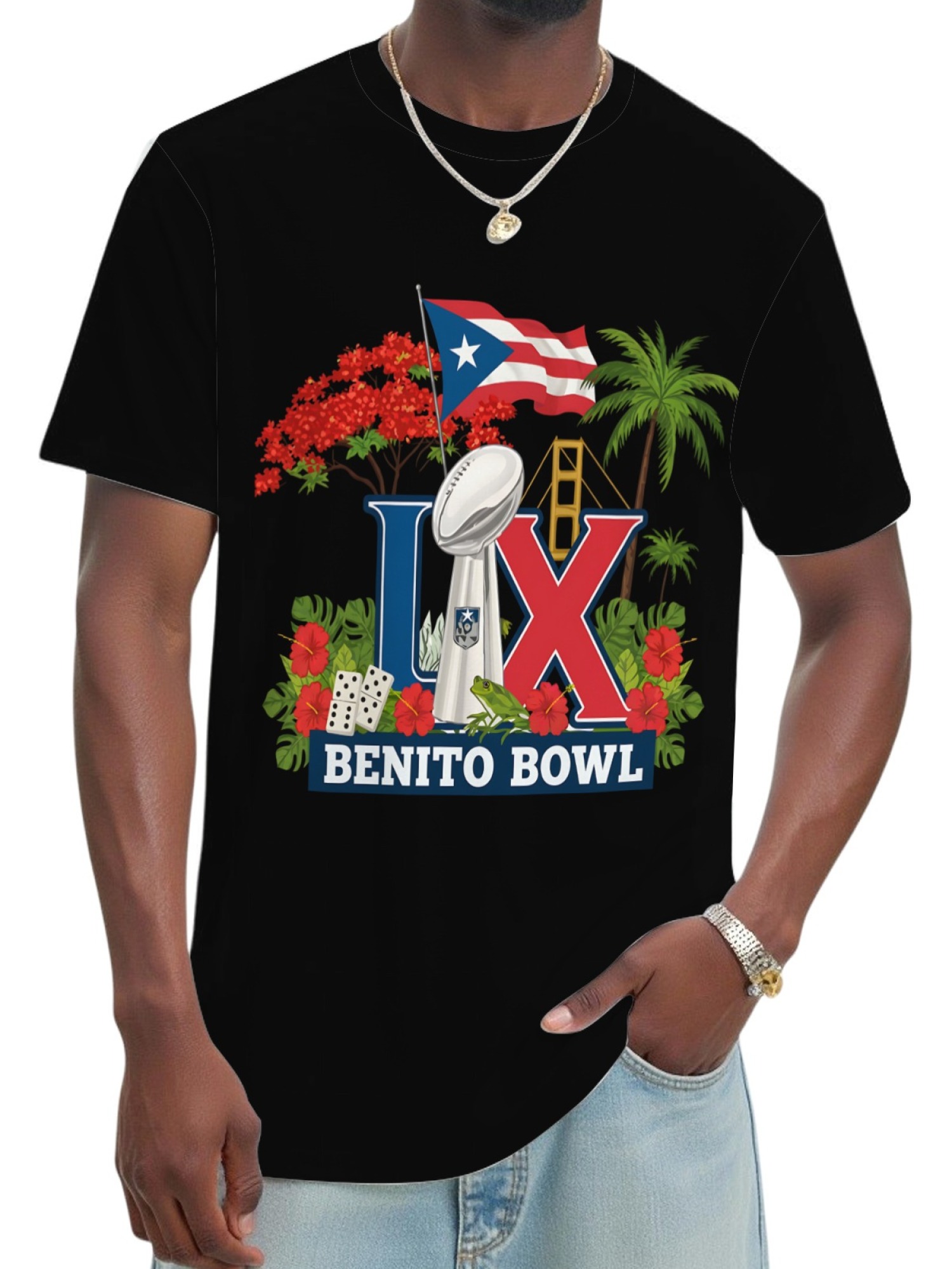 Benito Bowl LX Puerto Rico Graphic T-Shirt - Premium Cotton Football Fan Tee - Black