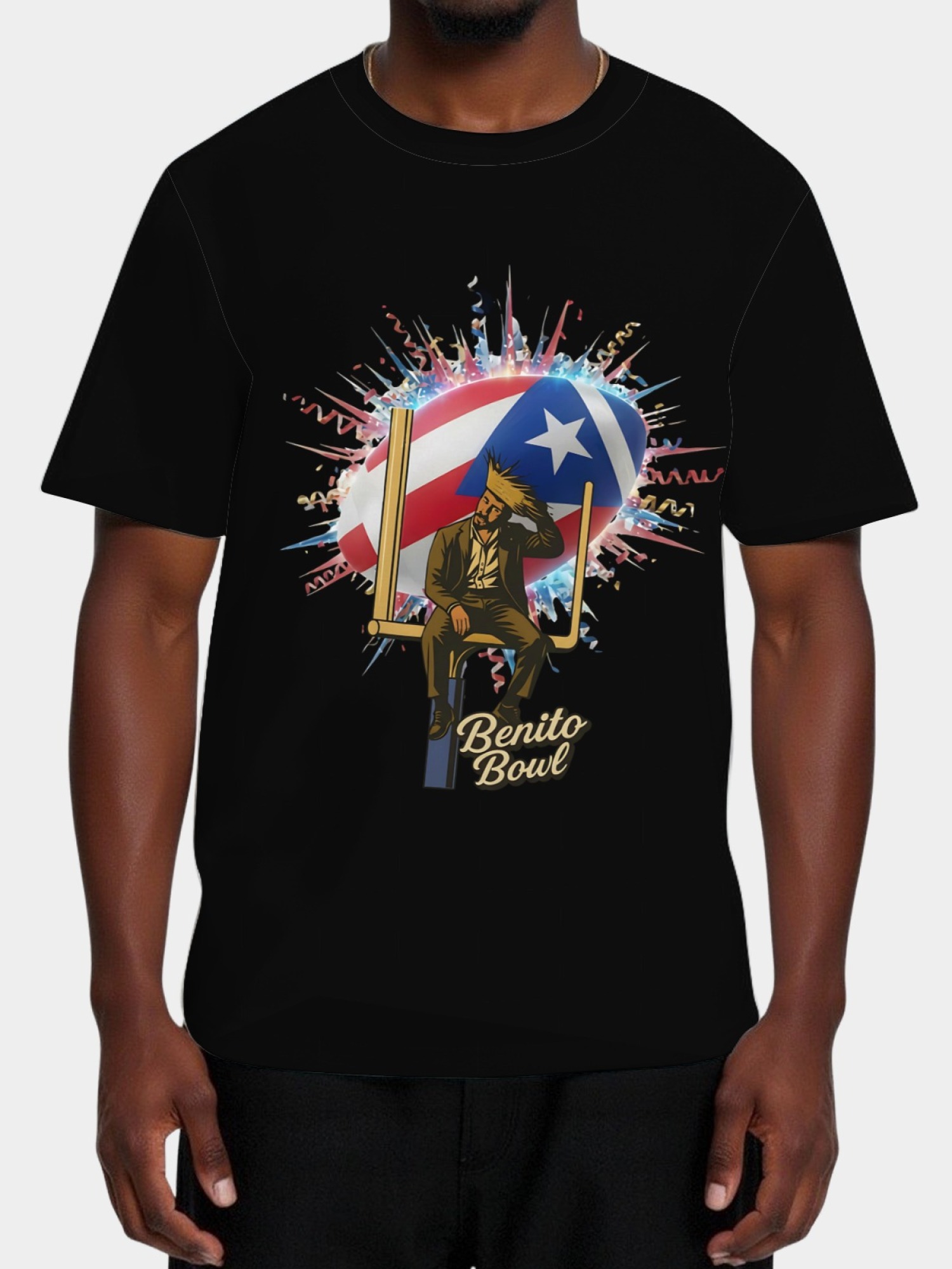Benito Bowl Graphic T-Shirt - Puerto Rico Flag & Football Artist Print Tee