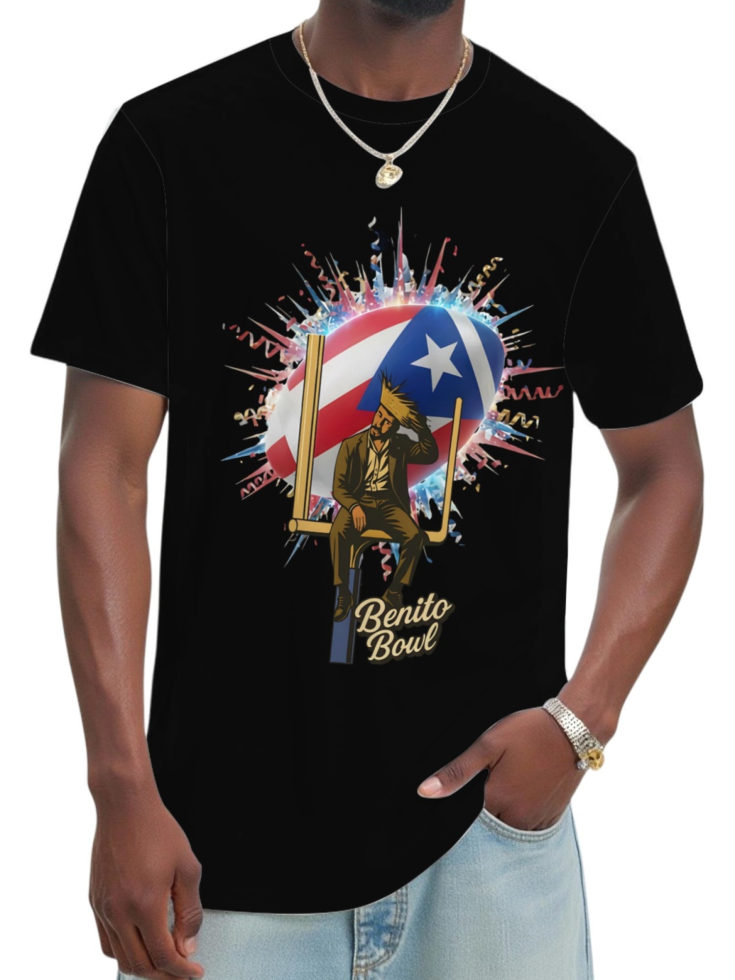 Benito Bowl Graphic T-Shirt - Puerto Rico Flag & Football Artist Print Tee