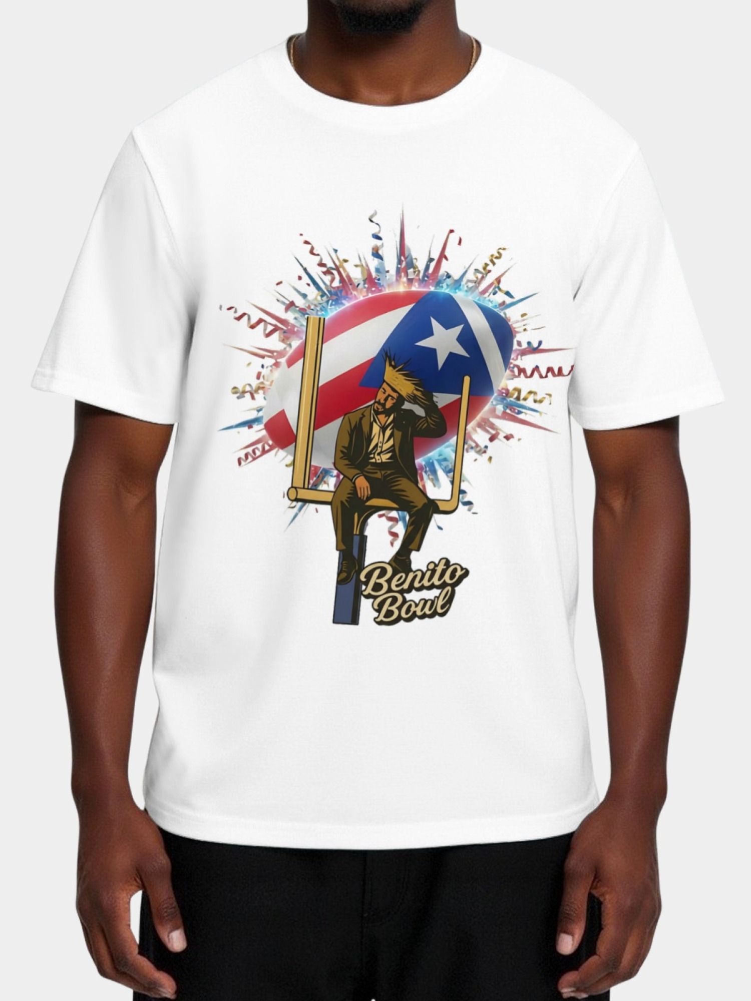 Benito Bowl Graphic T-Shirt - Puerto Rico Flag & Football Artist Print Tee