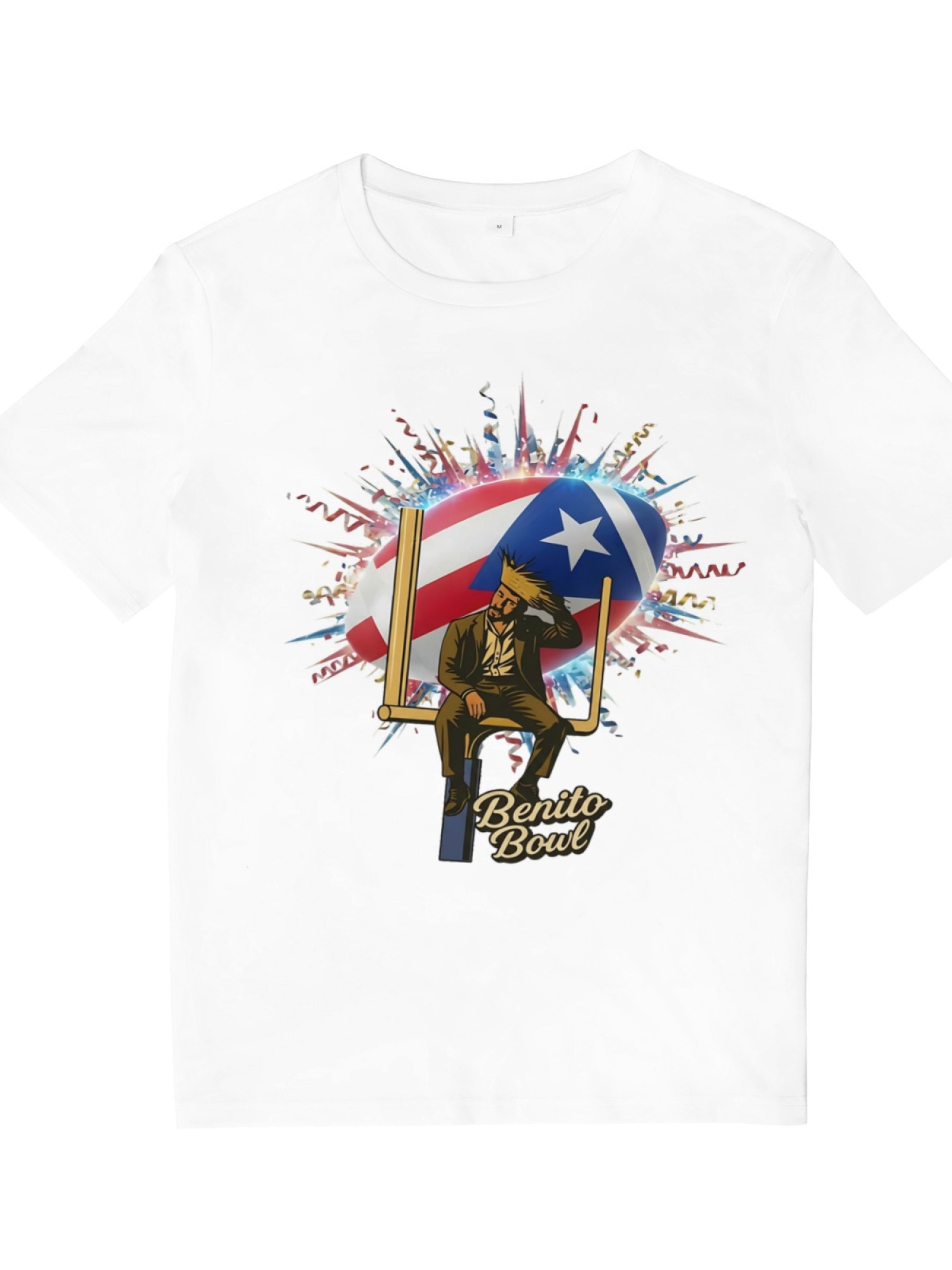 Benito Bowl Graphic T-Shirt - Puerto Rico Flag & Football Artist Print Tee