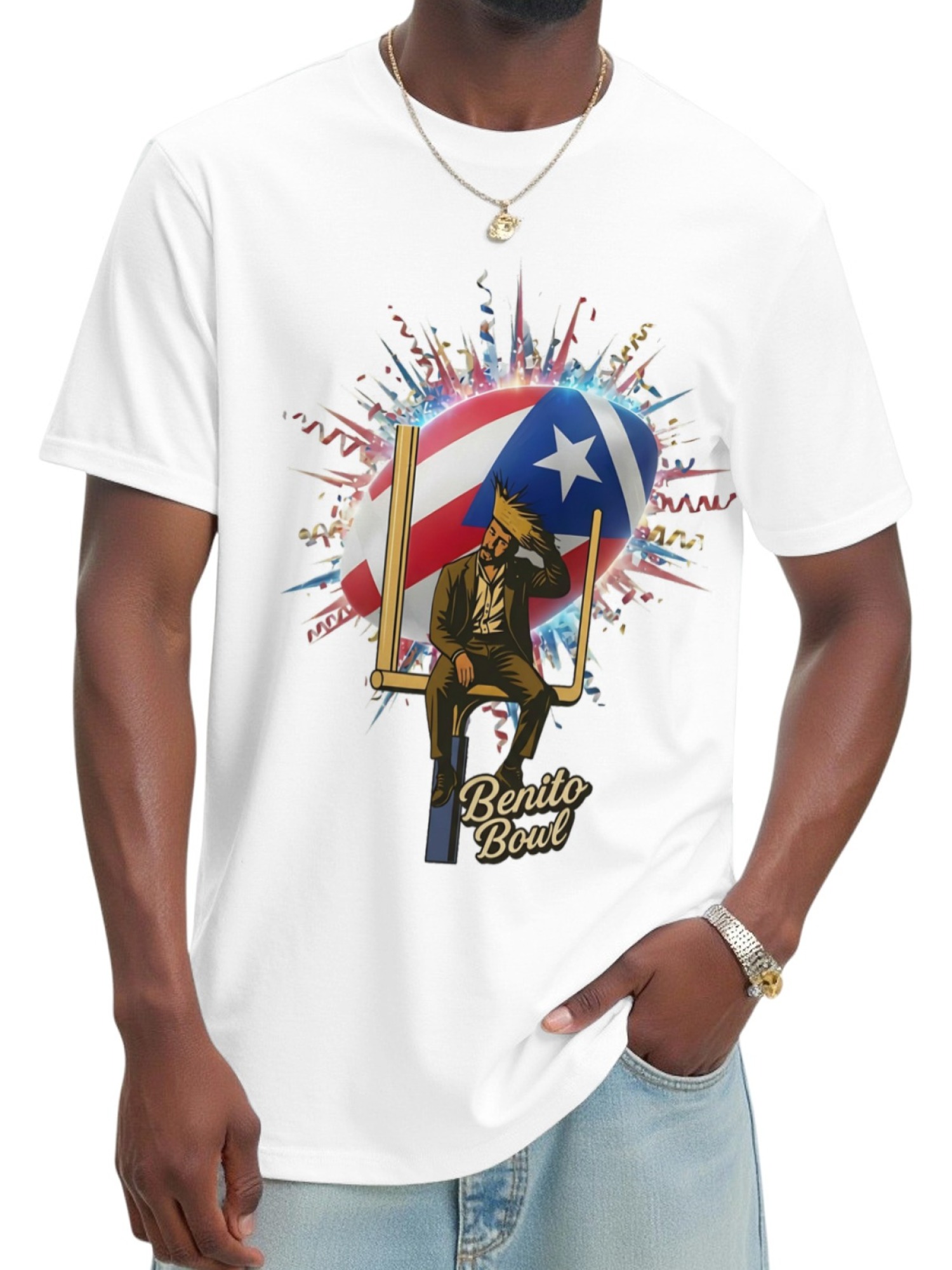 Benito Bowl Graphic T-Shirt - Puerto Rico Flag & Football Artist Print Tee