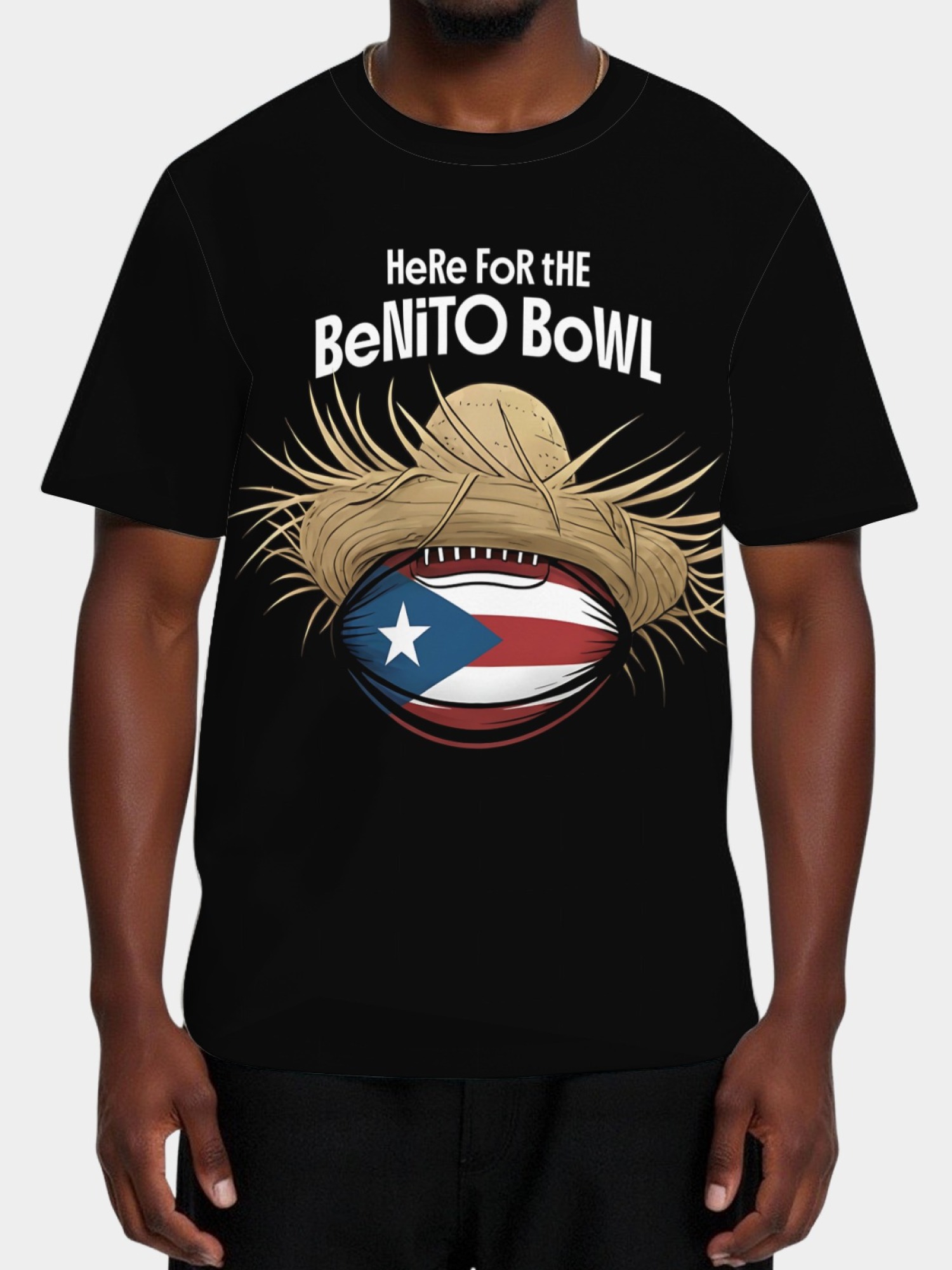 Benito Bowl Men's Graphic T-Shirt - Puerto Rican Flag Football & Pava Hat Tee