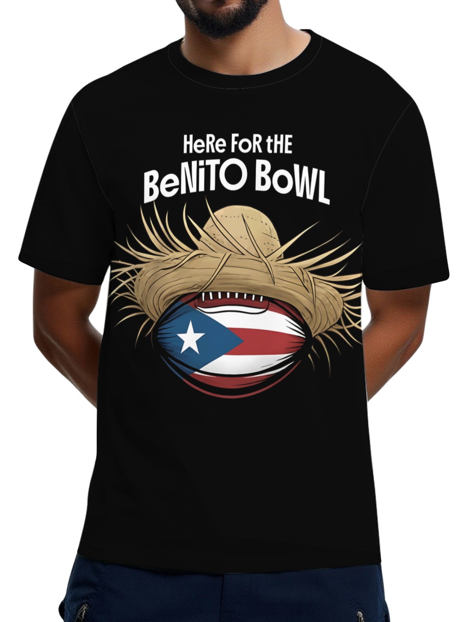 Benito Bowl Men's Graphic T-Shirt - Puerto Rican Flag Football & Pava Hat Tee