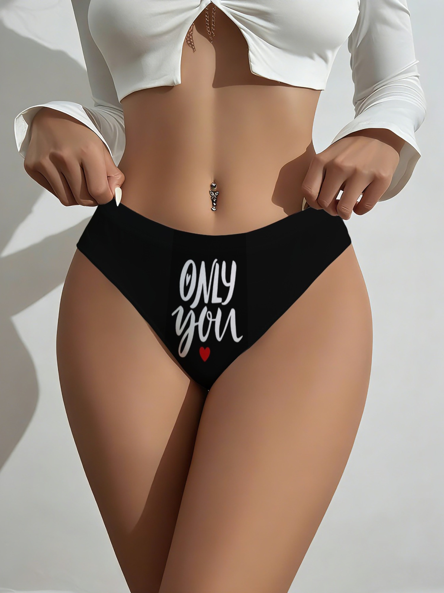 "Only You" Heart Letter Print Panties with Cute Ear Detail - Black High-Waist Graphic Underwear