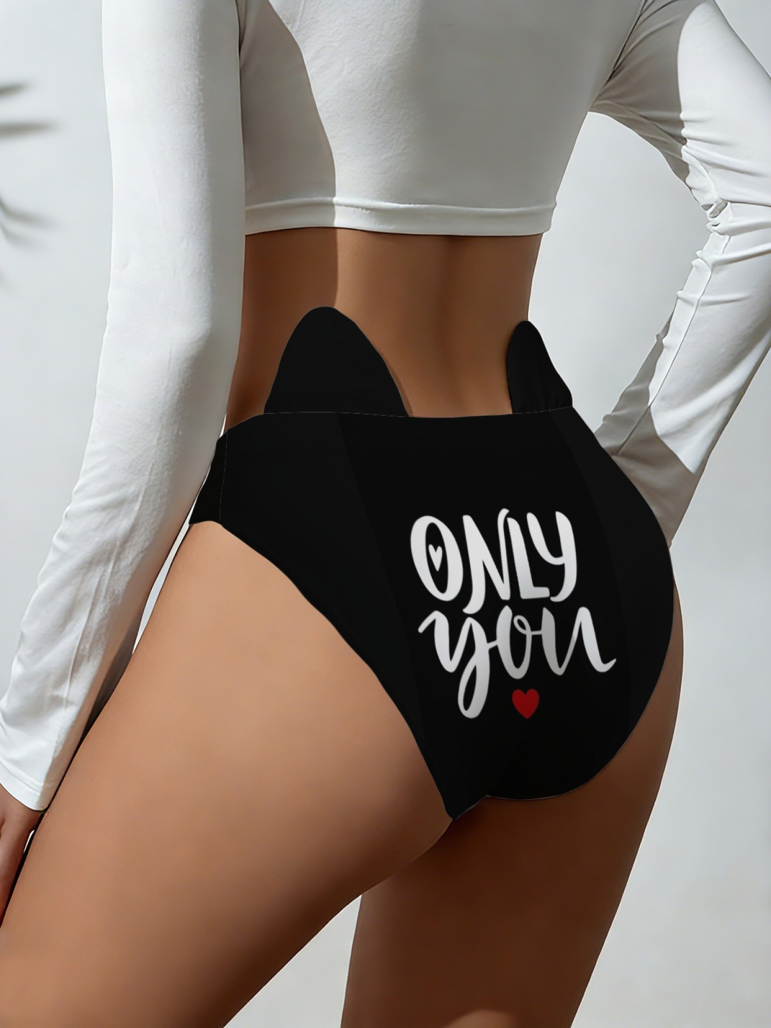 "Only You" Heart Letter Print Panties with Cute Ear Detail - Black High-Waist Graphic Underwear