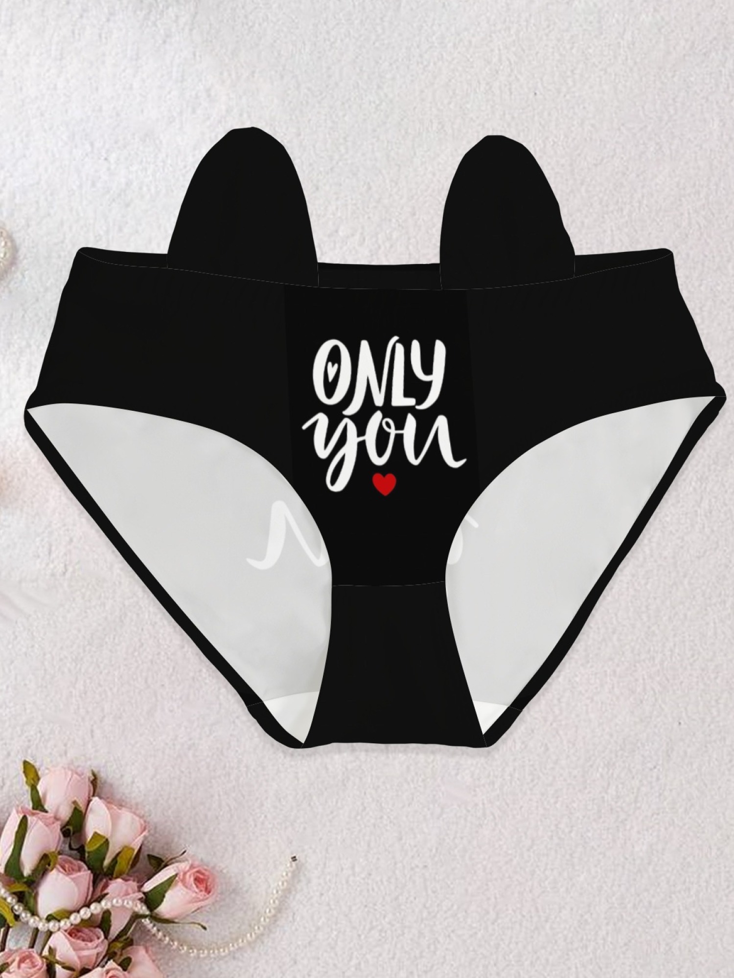 "Only You" Heart Letter Print Panties with Cute Ear Detail - Black High-Waist Graphic Underwear