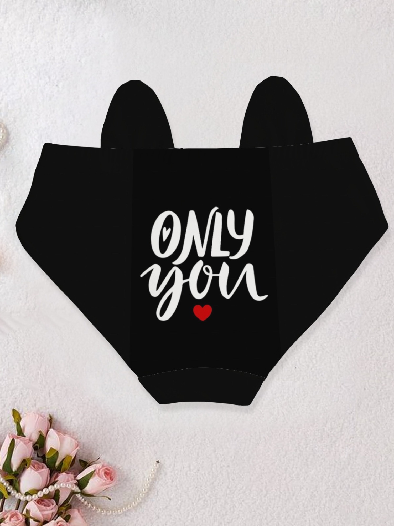 "Only You" Heart Letter Print Panties with Cute Ear Detail - Black High-Waist Graphic Underwear