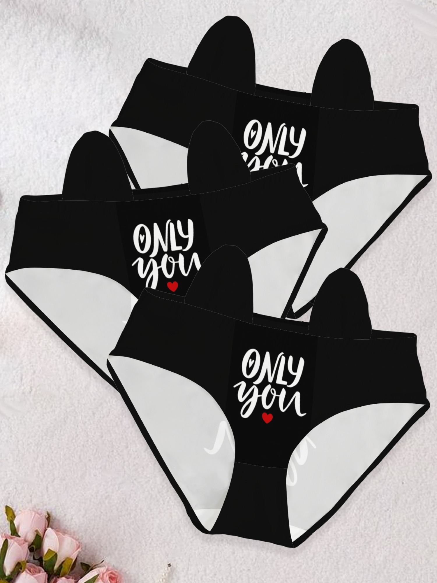 "Only You" Heart Letter Print Panties with Cute Ear Detail - Black High-Waist Graphic Underwear