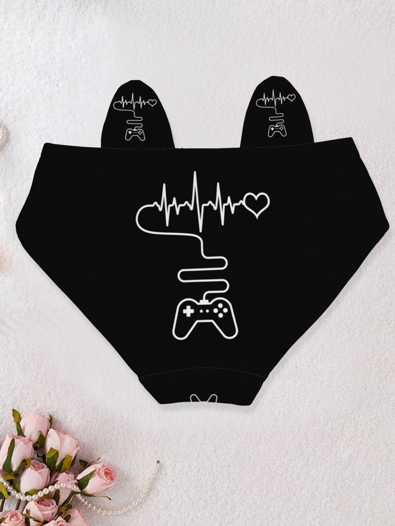 Cute Gamer Girl Cat Ear Panties - Heartbeat & Controller Graphic Black Underwear