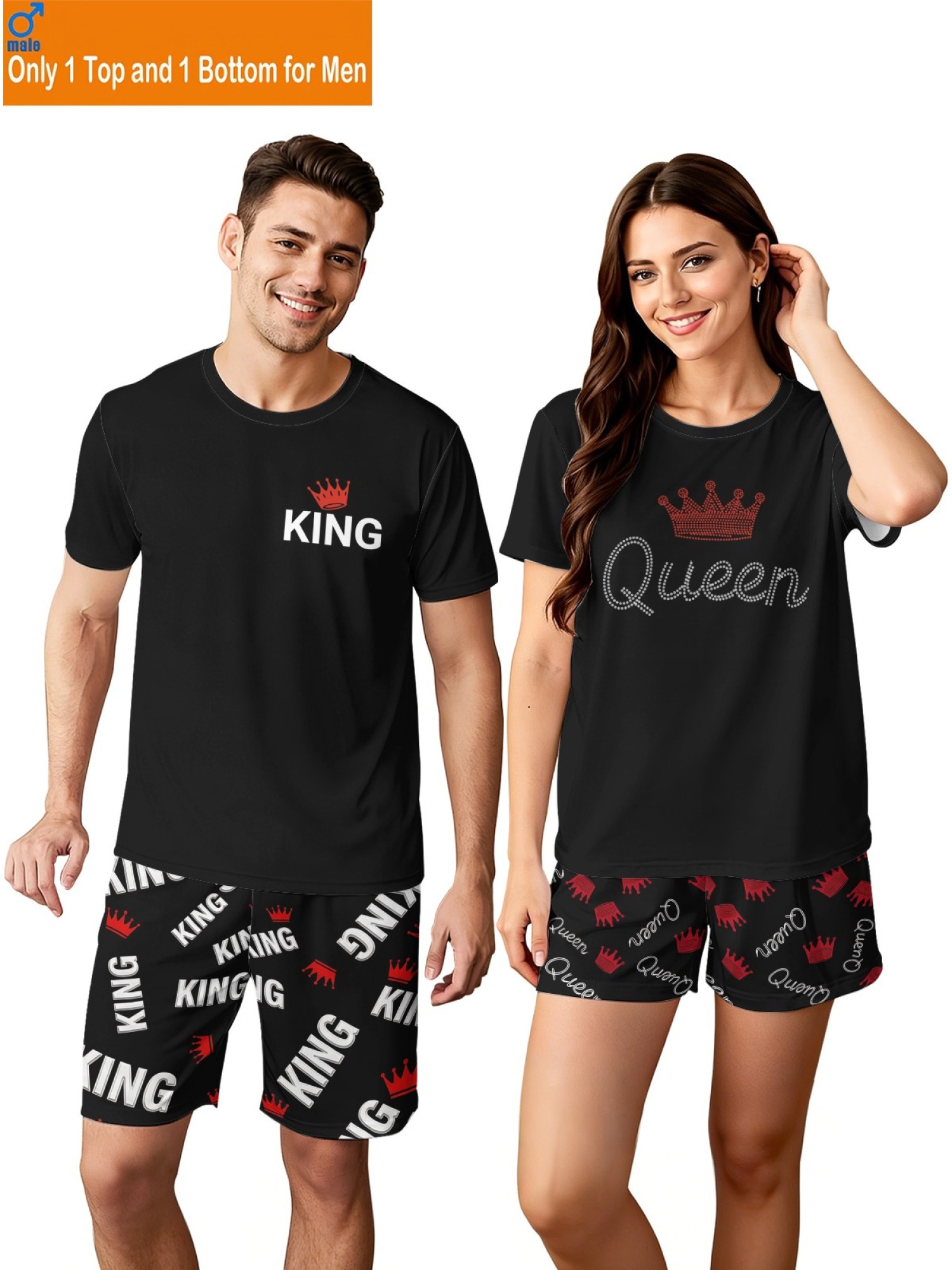 "King & Queen" Royal Matching Couples Set | Crown Print T-Shirt & Shorts Summer Outfit