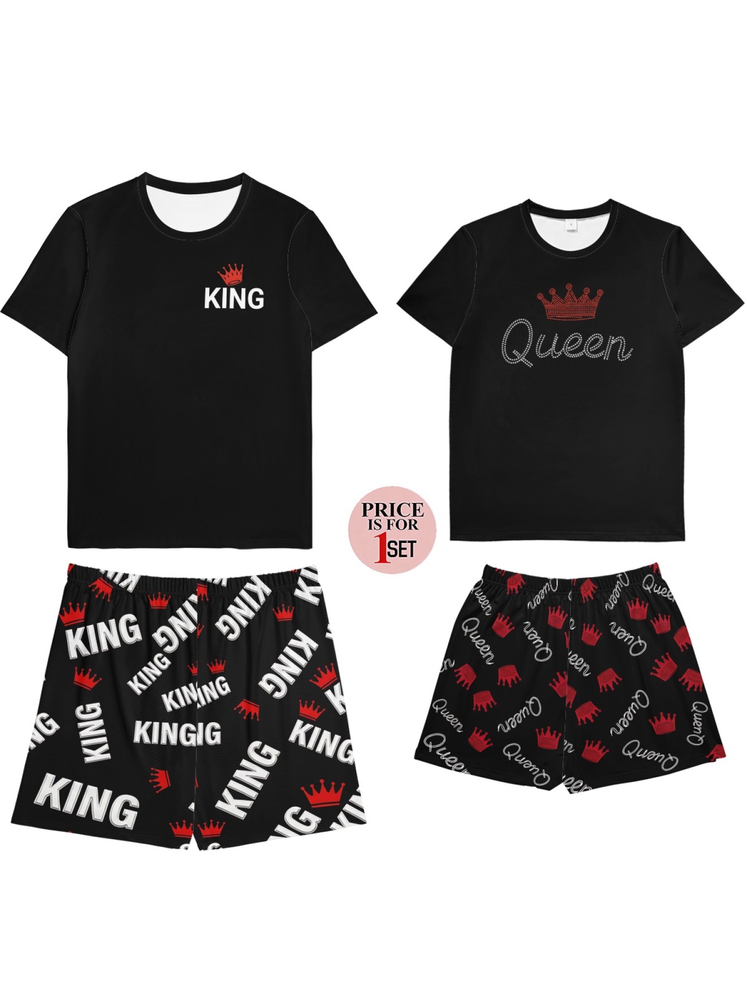 "King & Queen" Royal Matching Couples Set | Crown Print T-Shirt & Shorts Summer Outfit