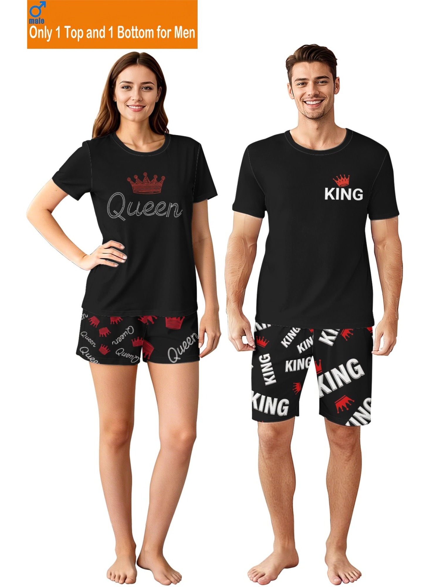 "King & Queen" Royal Matching Couples Set | Crown Print T-Shirt & Shorts Summer Outfit