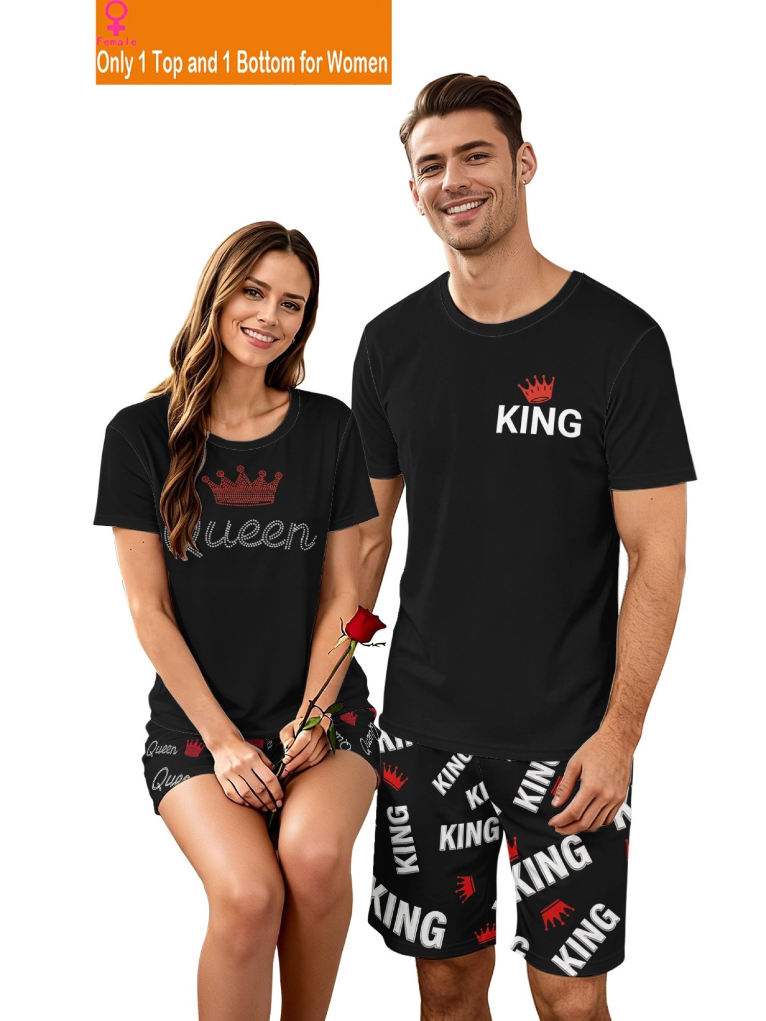 "King & Queen" Royal Matching Couples Set | Crown Print T-Shirt & Shorts Summer Outfit
