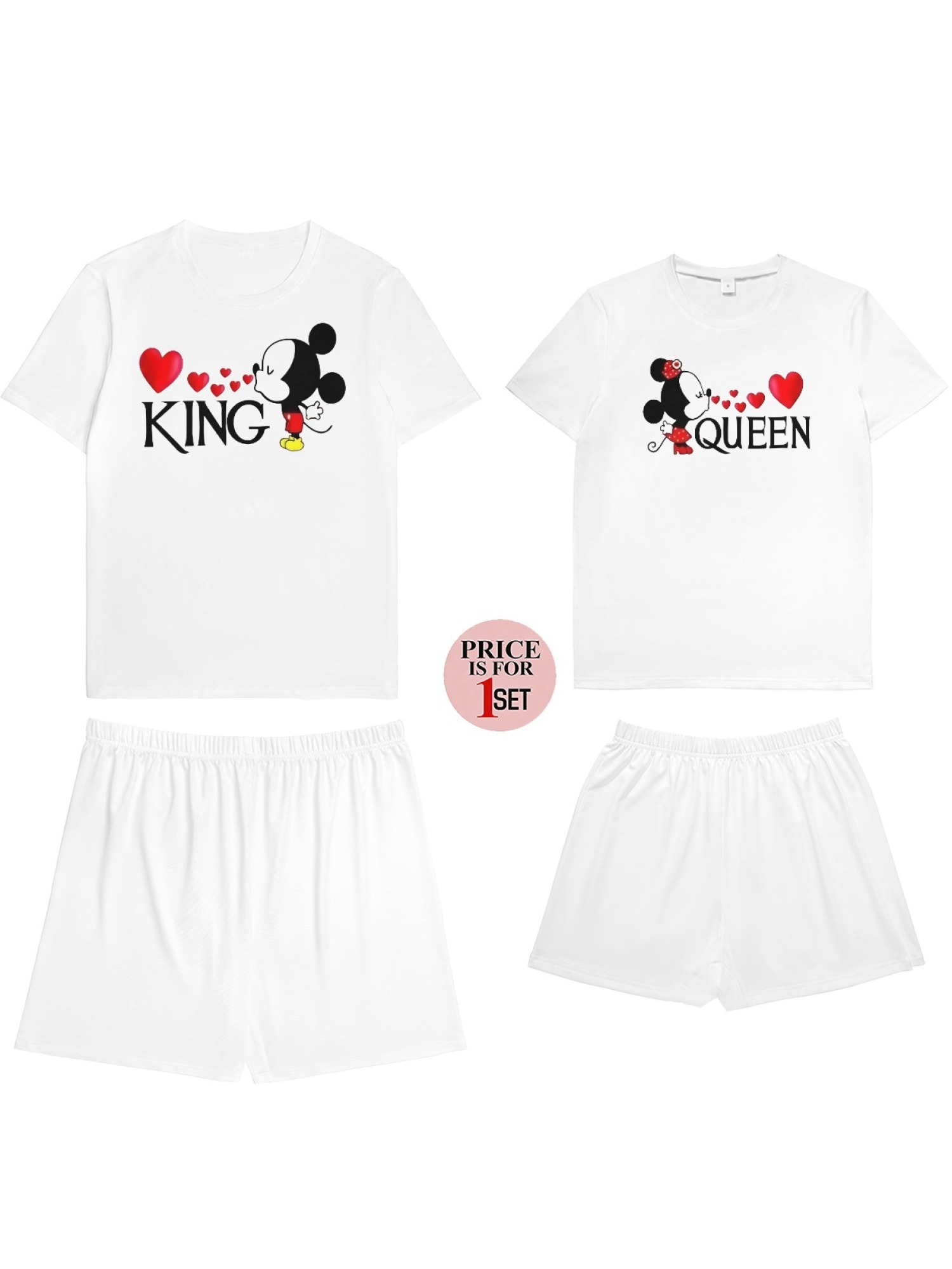 Romantic King & Queen Matching Couple Outfits - Cute Cartoon Graphic T-Shirt & Shorts 2-Piece Summer Set