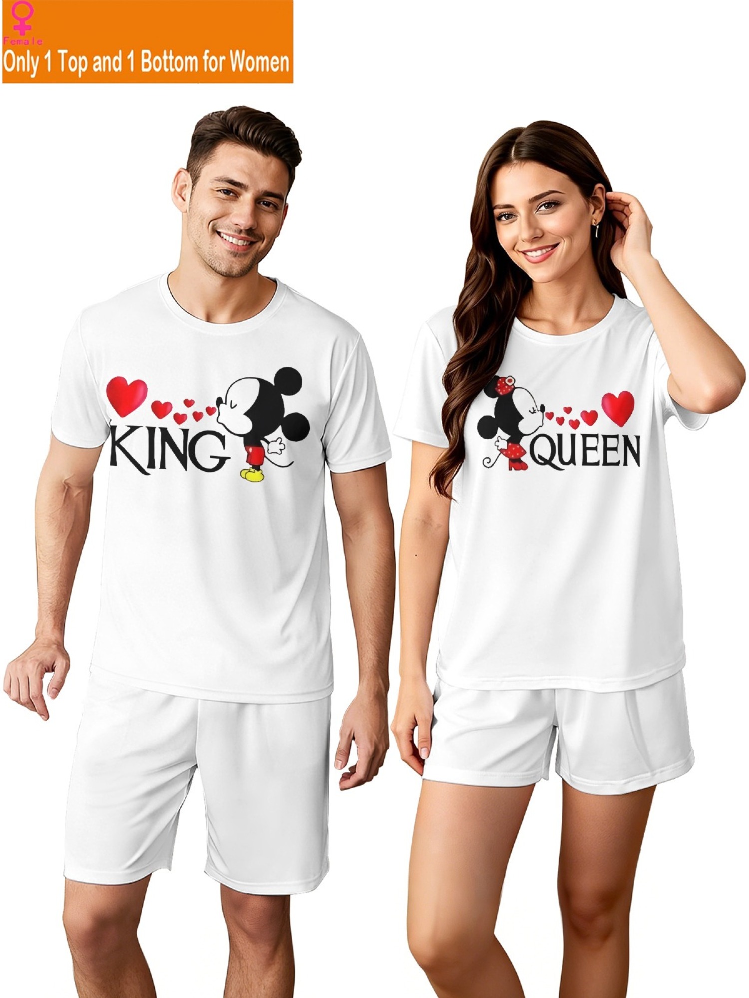 Romantic King & Queen Matching Couple Outfits - Cute Cartoon Graphic T-Shirt & Shorts 2-Piece Summer Set