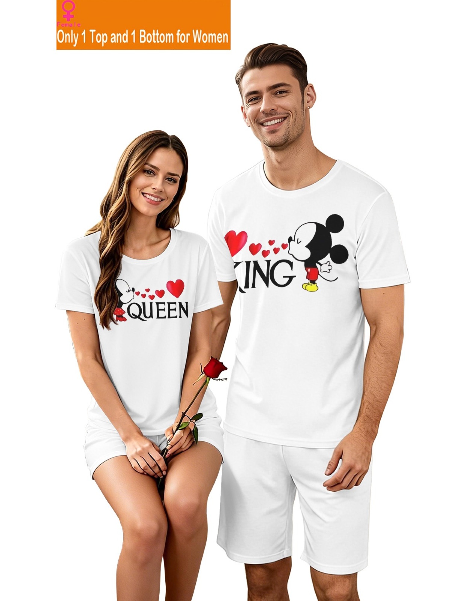 Romantic King & Queen Matching Couple Outfits - Cute Cartoon Graphic T-Shirt & Shorts 2-Piece Summer Set