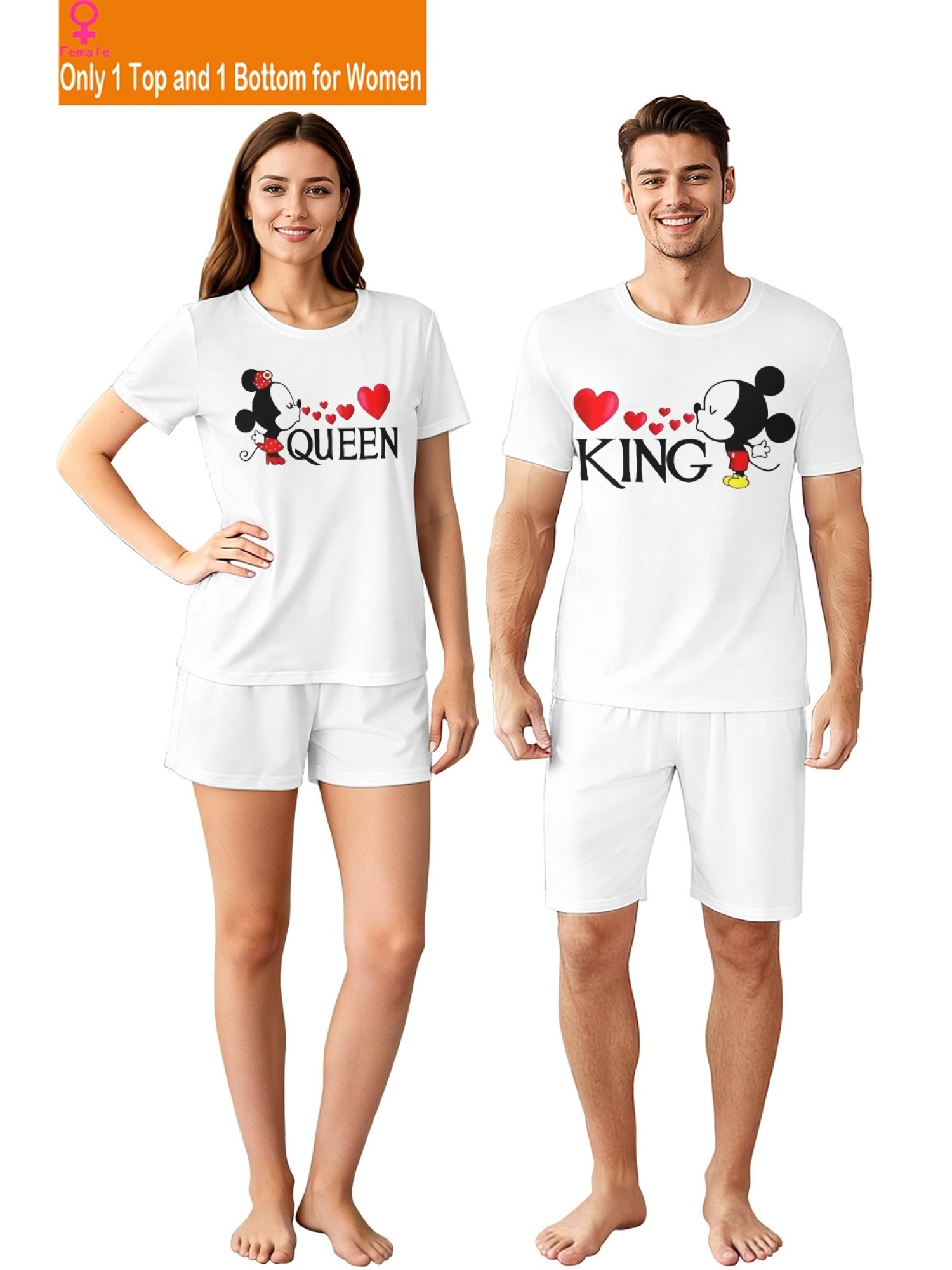 Romantic King & Queen Matching Couple Outfits - Cute Cartoon Graphic T-Shirt & Shorts 2-Piece Summer Set
