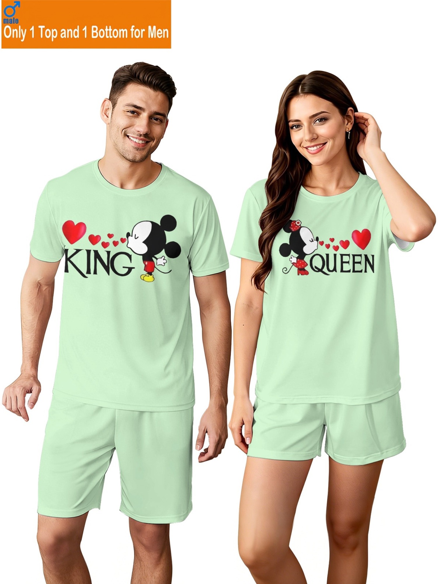 Romantic King & Queen Matching Couple Outfits - Cute Cartoon Graphic T-Shirt & Shorts 2-Piece Summer Set
