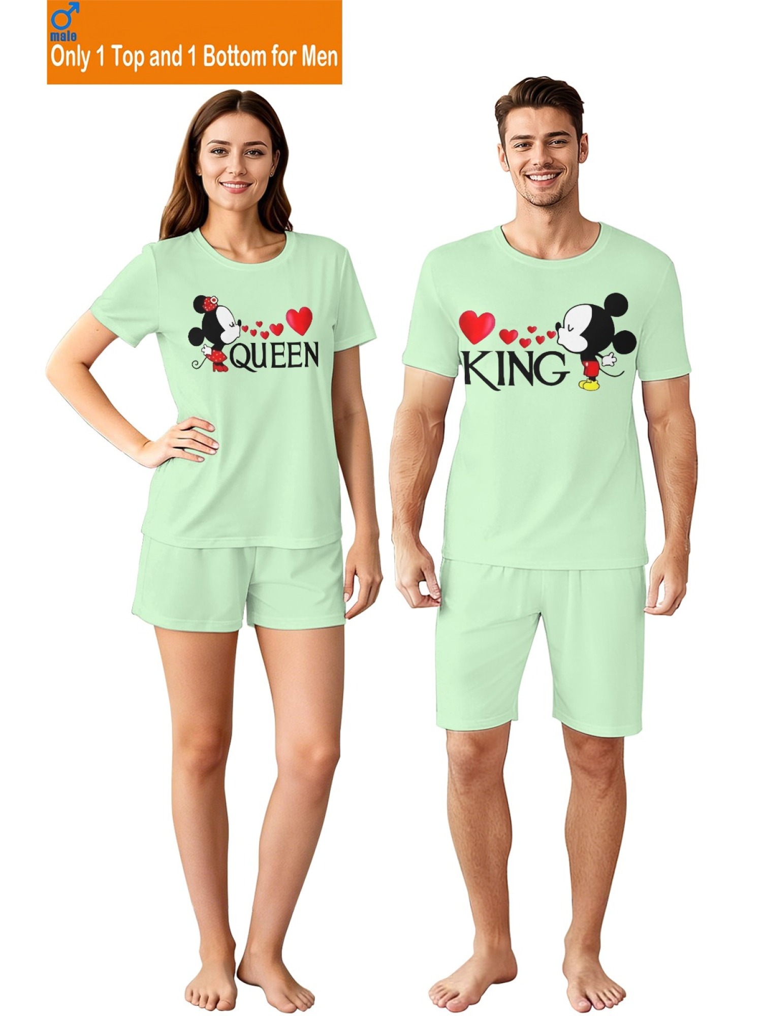 Romantic King & Queen Matching Couple Outfits - Cute Cartoon Graphic T-Shirt & Shorts 2-Piece Summer Set